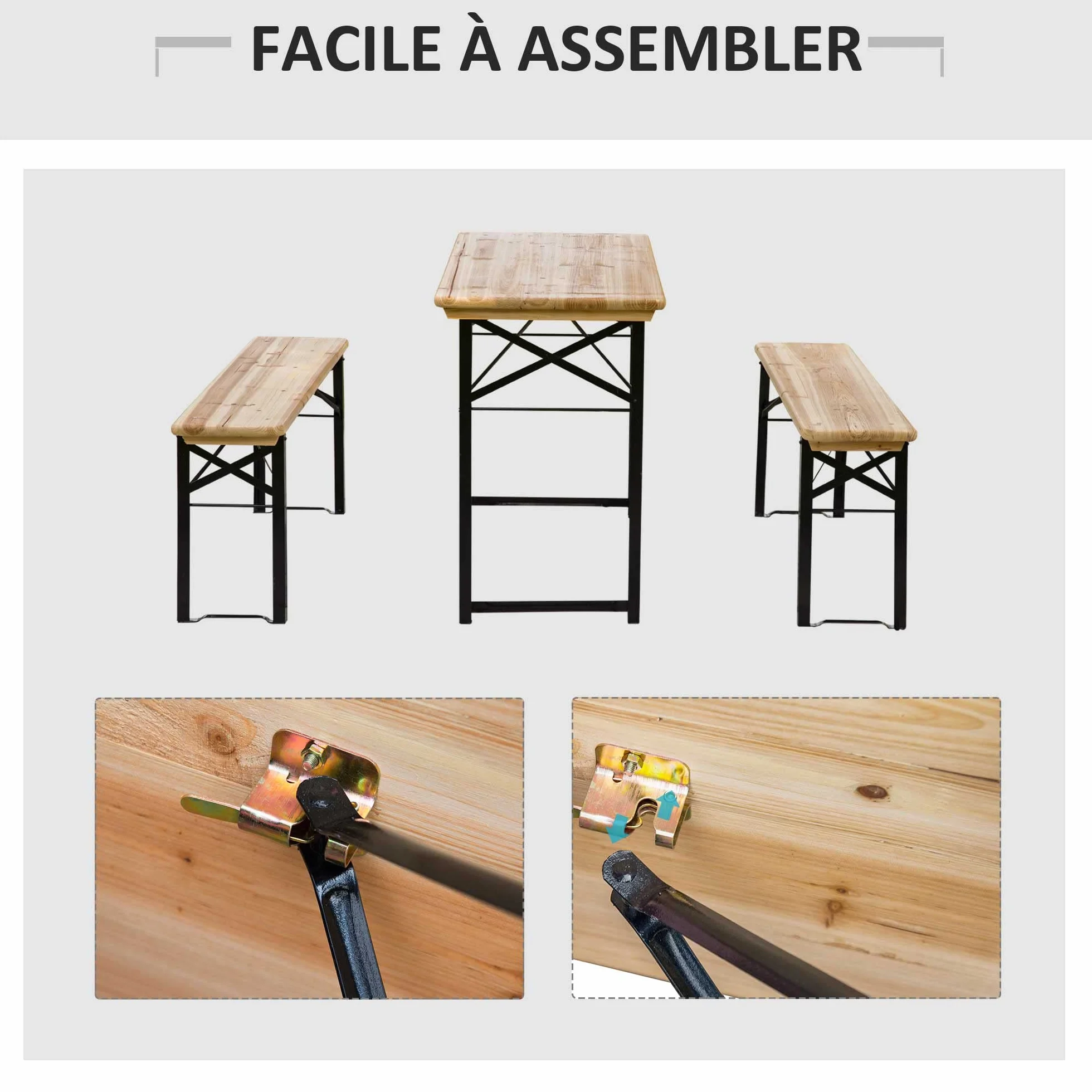 Outsunny Table de Camping Pique-Nique Pliable avec 2 Bancs Métal Époxy Noir