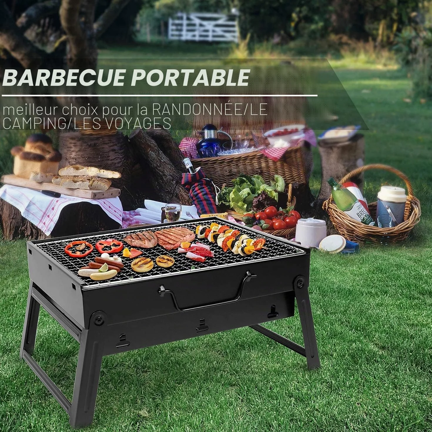 Barbecue à Charbon Pliable 35 x 27 x 19.5 cm Portable Mini BBQ Grill de Table Noir