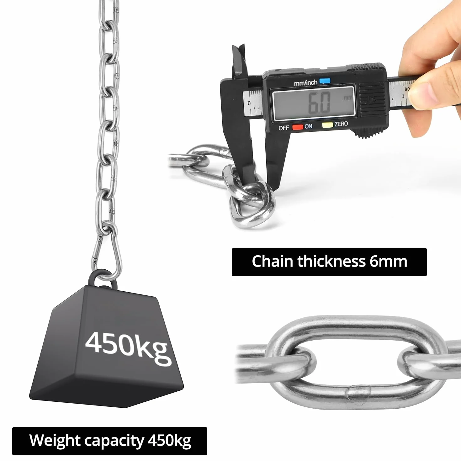 QWORK 2 pièces chaîne d'extension Ø6mm 65cm Mousqueton M6 Acier Inoxydable 304