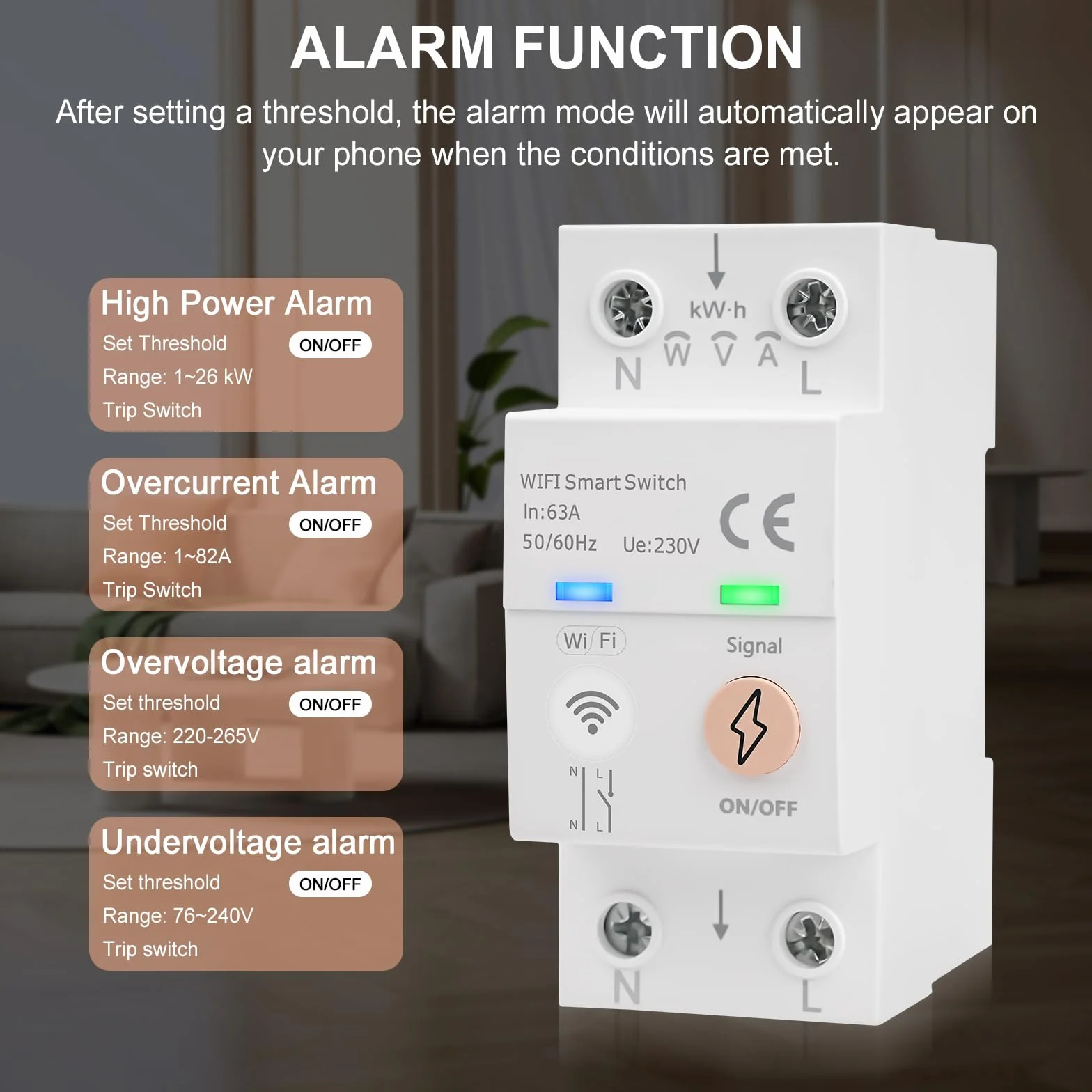 Disjoncteur wifi 63A TUYA commande vocale compteur d'énergie AC80-300V disjoncteur intelligent Interrupteur connecté à distance Protection contre les surcharges de surintensité