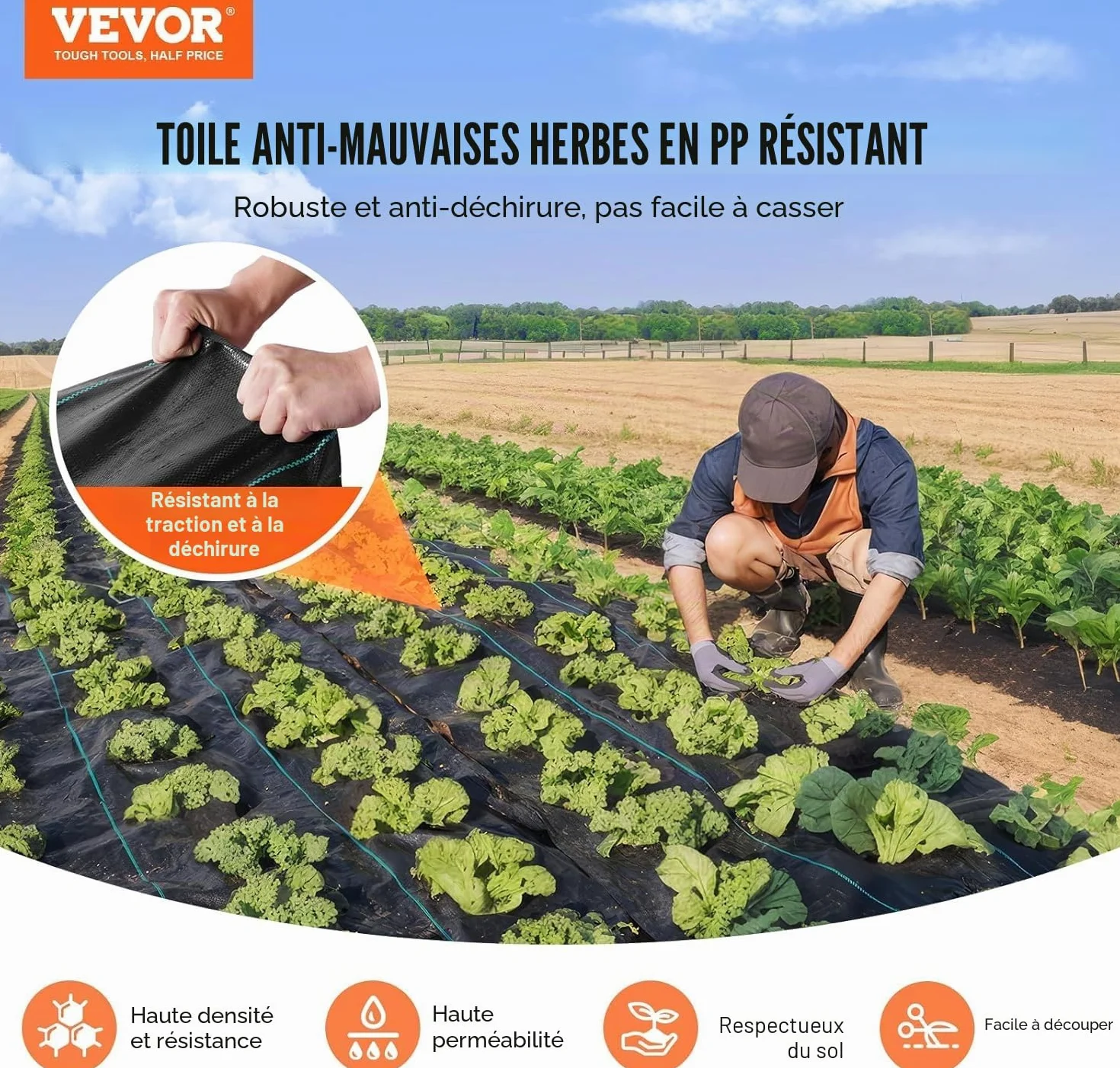 VEVOR Toile de Paillage 1,2x30,5 m 36,6 ㎡ Anti-Mauvaises Herbes Géotextile Jardin PP Haute Perméabilité 5,8 oz