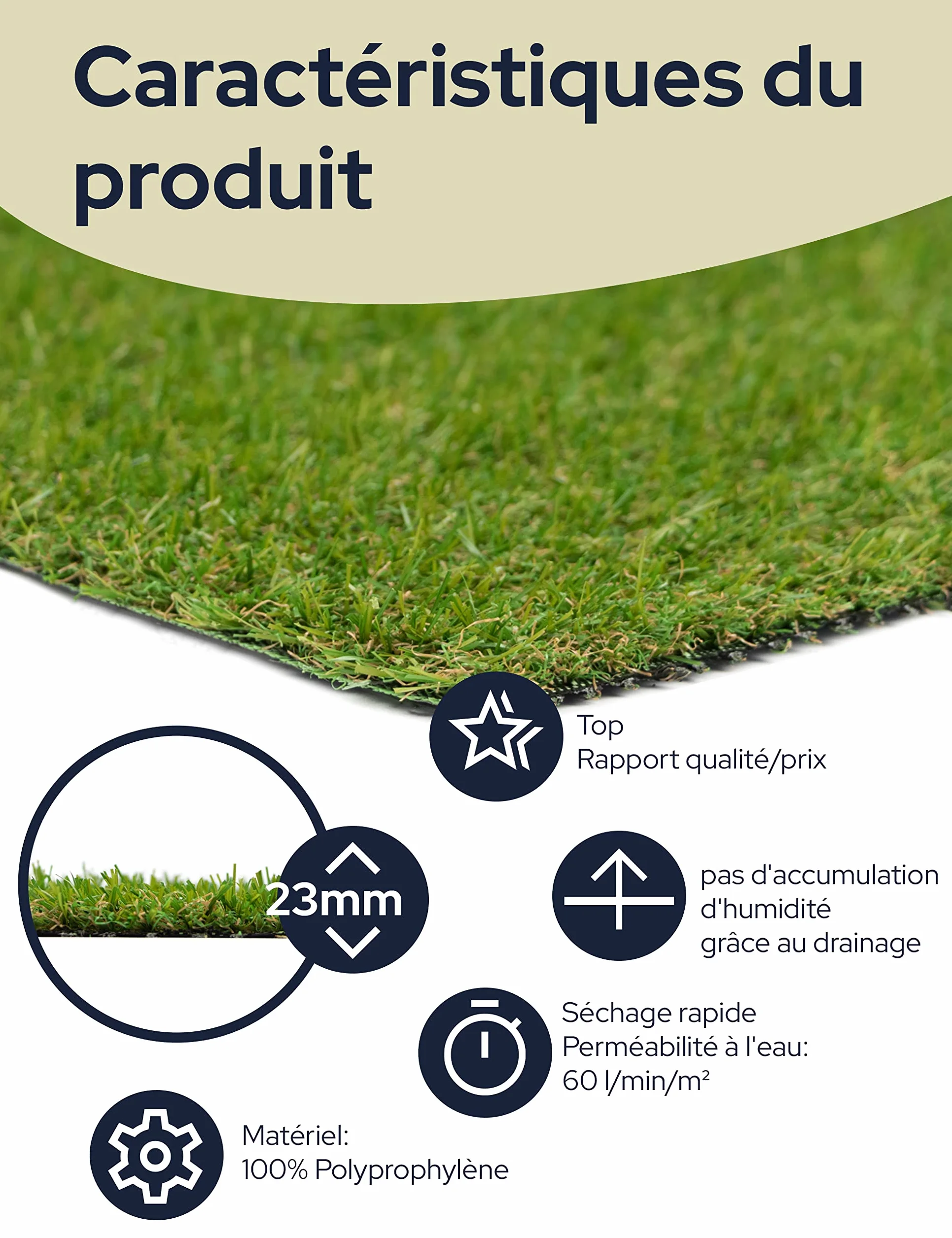 Gazon synthétique Primaflor Amy 23 mm 200x50 cm résistant aux UV et aux intempéries avec trous de drainage