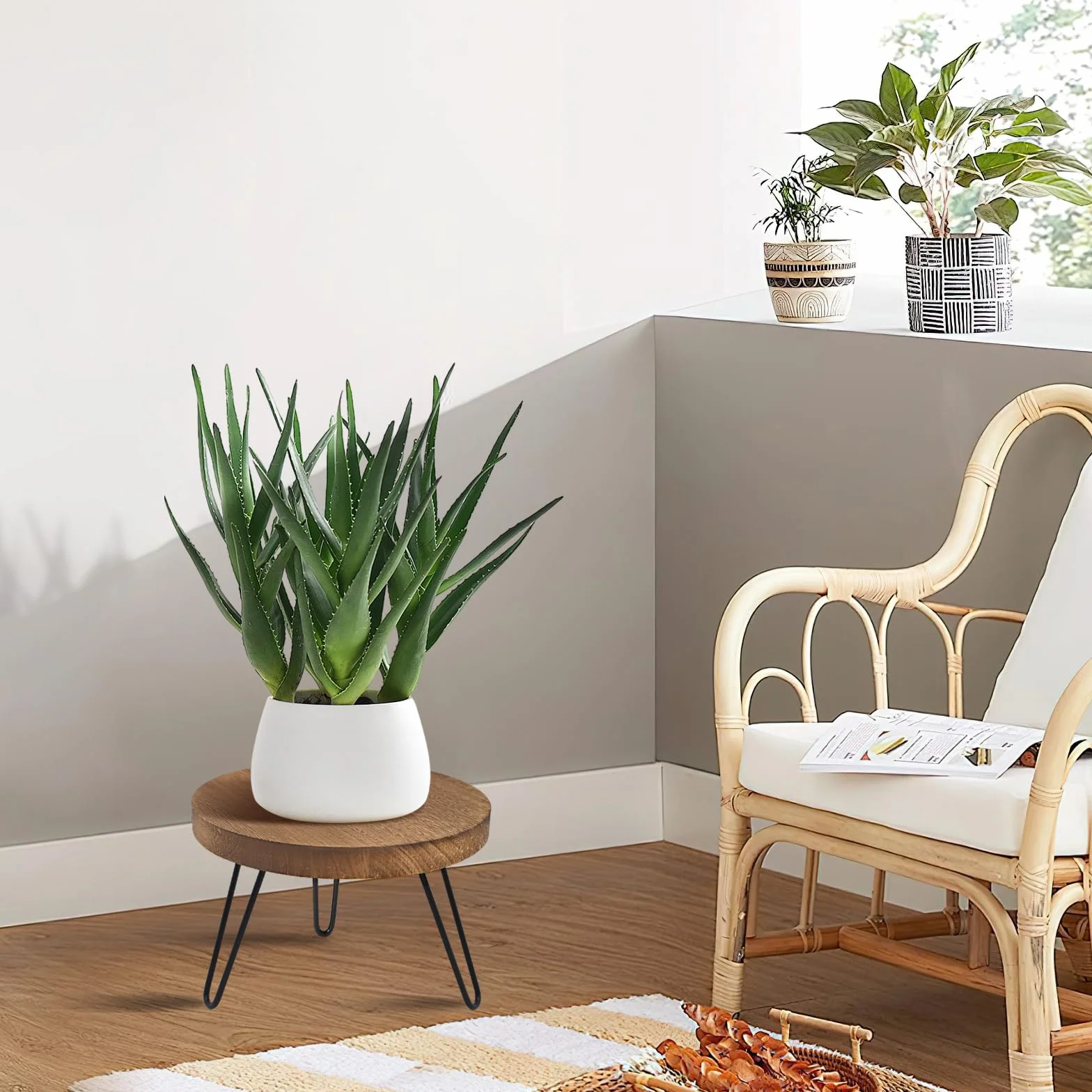 Support de Plantes en Bois, Tabouret pour Plantes Rond avec 3 Pieds pour Pots de Fleurs Intérieur Extérieur