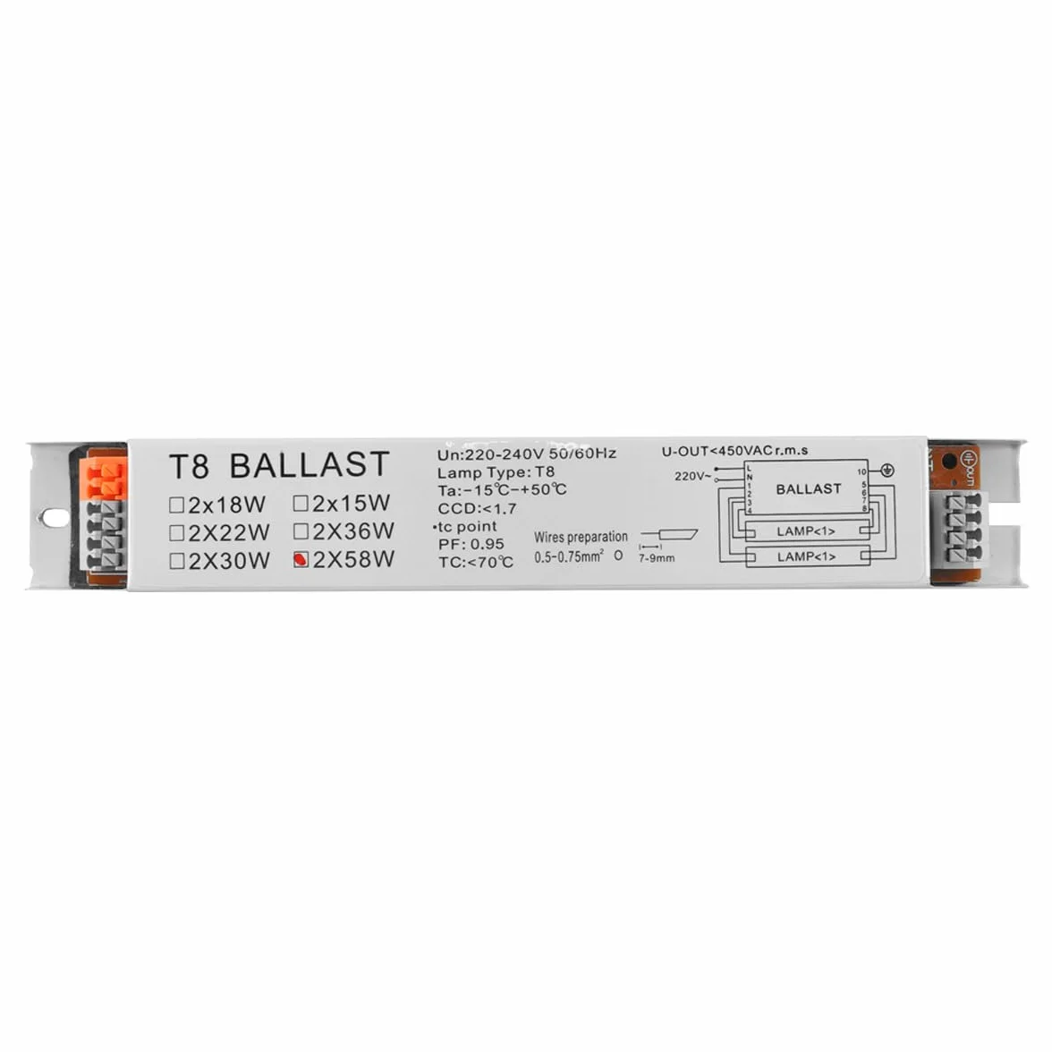 Gorise Ballast électronique pour lampe fluorescente T8 220-240 V CA 2 x 58 W, tension large
