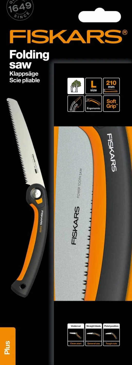 Fiskars Plus Scie Pliaple, pour Troncs et Branches épais, 3 positions de Coupe, Lame Power Tooth tranchante, Denture grossière, Longueur de la lame : 21 cm, Noir/Orange, SW69, 1067553