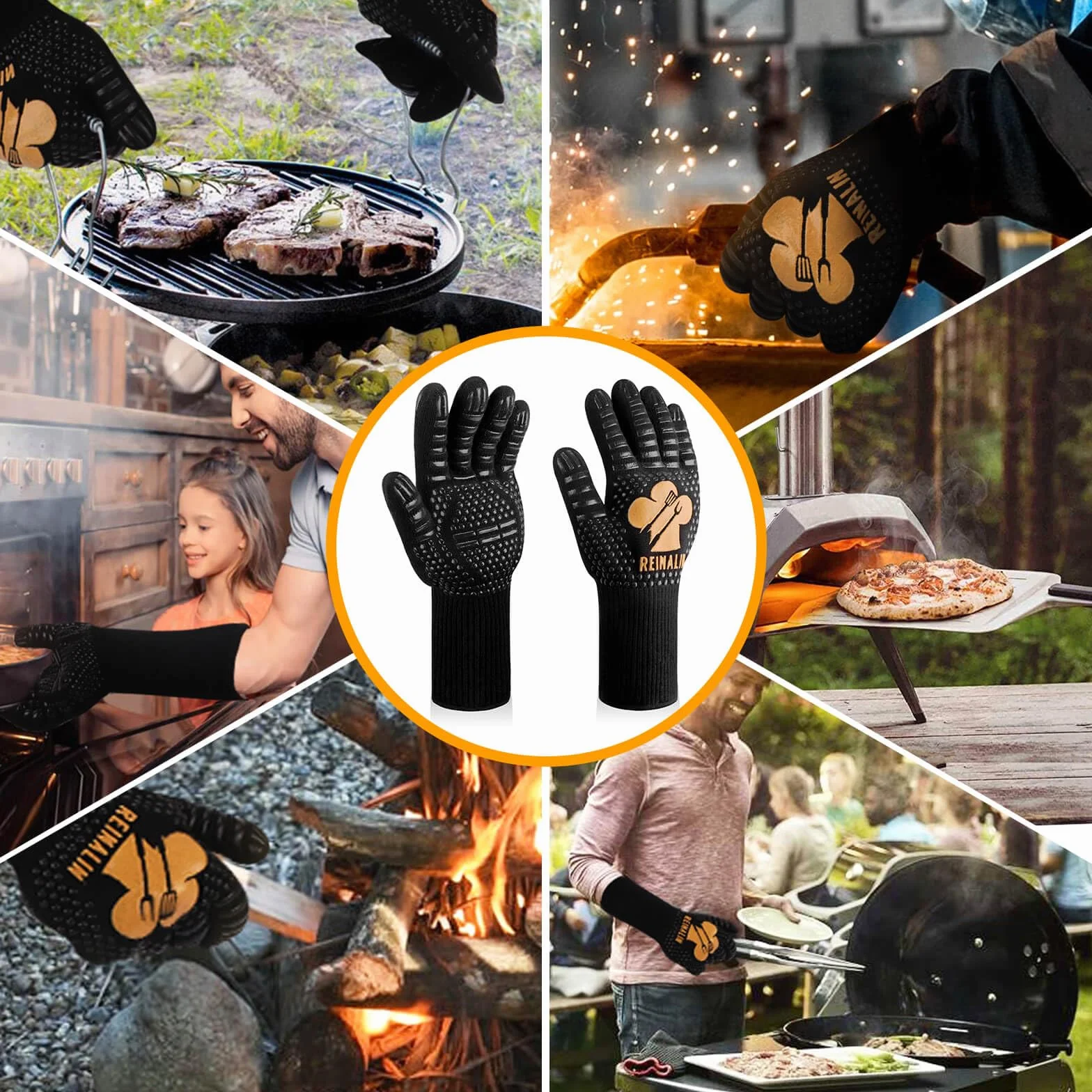 Gants de Barbecue Résistant à la Chaleur 500°C en Silicone Antidérapants Reinalin L/XL/XXL