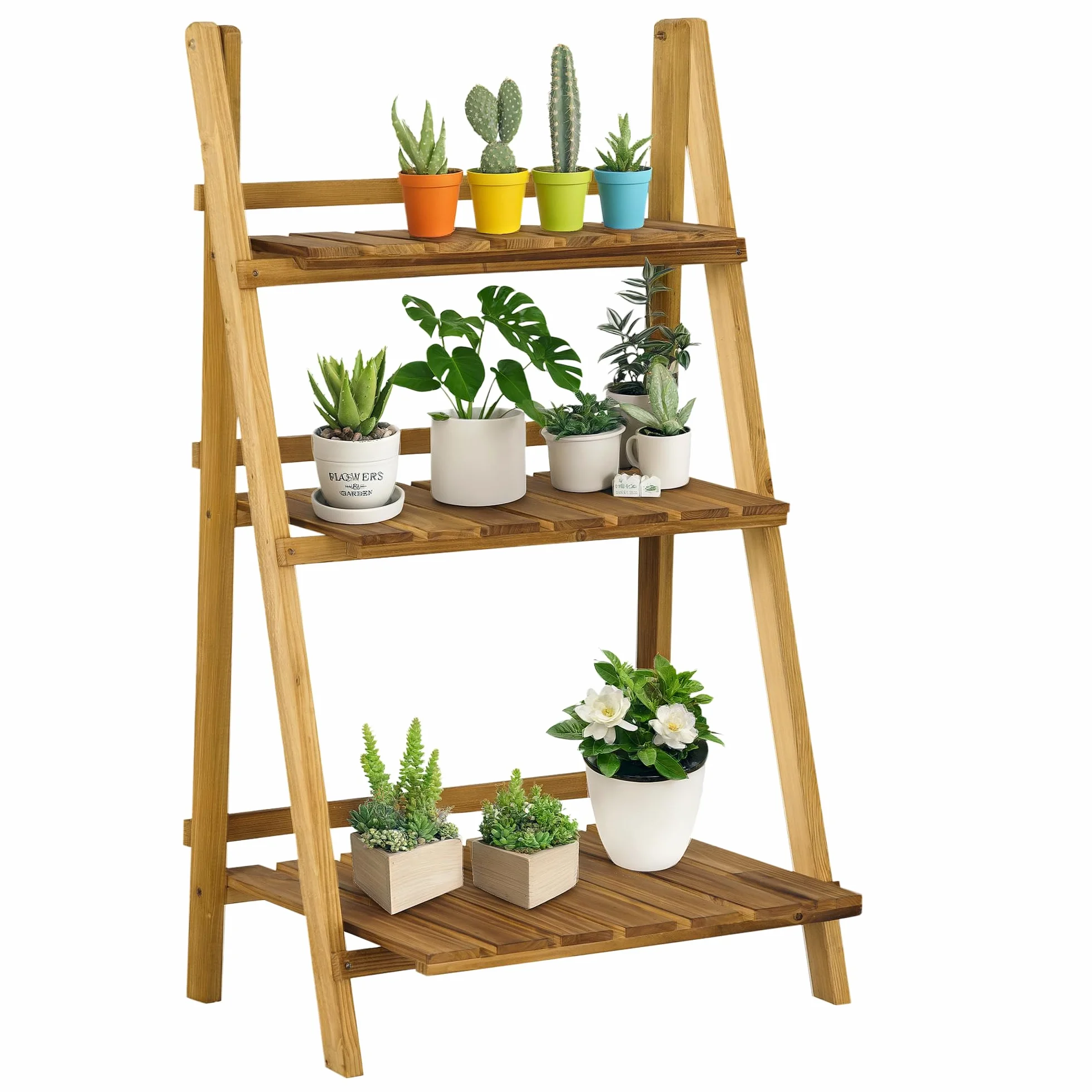 Outsunny Étagère à Fleurs 3 Niveaux Pliable Bois de Sapin 60 x 37 x 93 Cm Charge 50 Kg