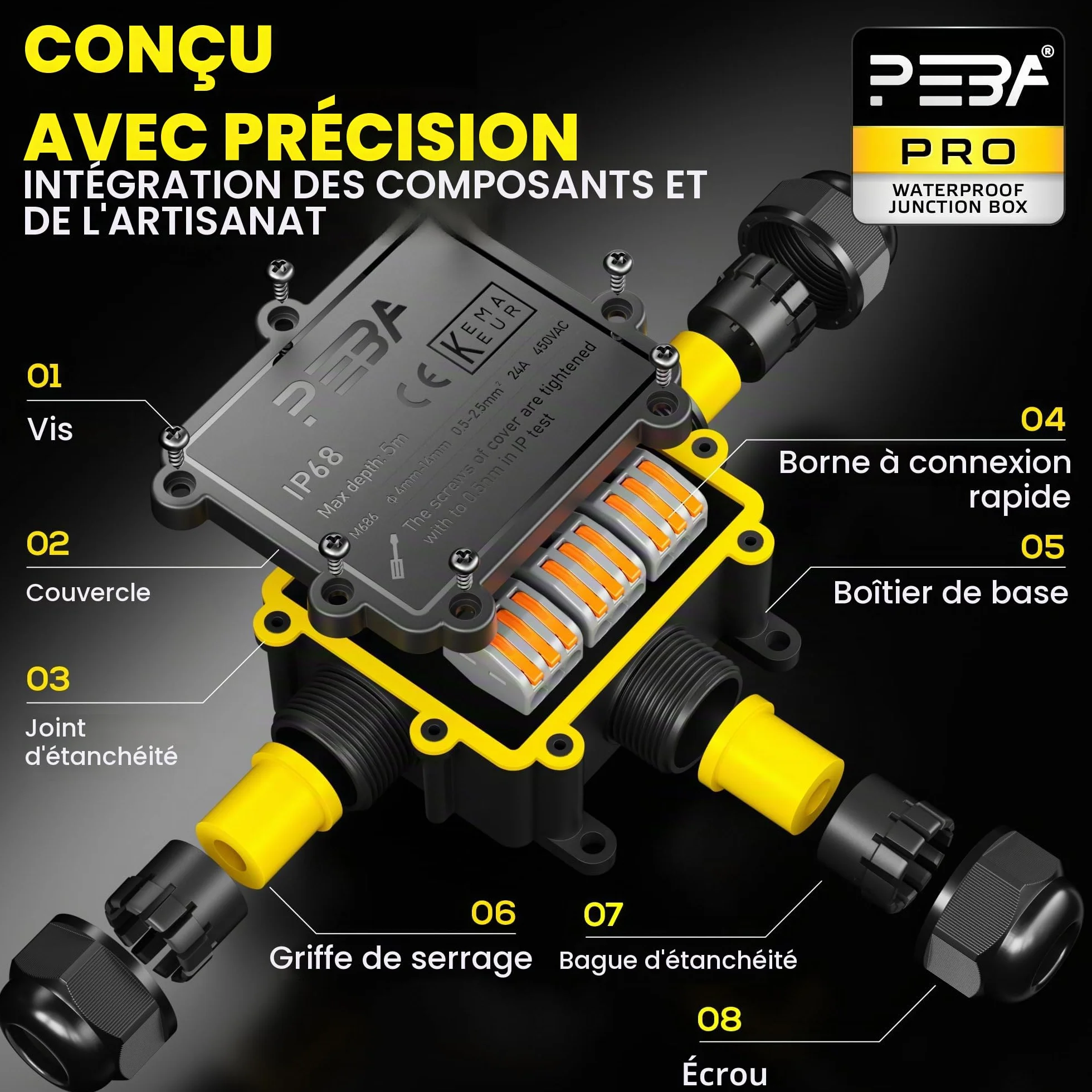 PEBA® Boîte dérivation étanche extérieur IP68,Connecteur Électrique Étanches,Connecteur étanche extérieur à 3 Voies pour câble de Ø4-14 mm de diamètre,Boite Derivation,Boîte de Jonction,Noir