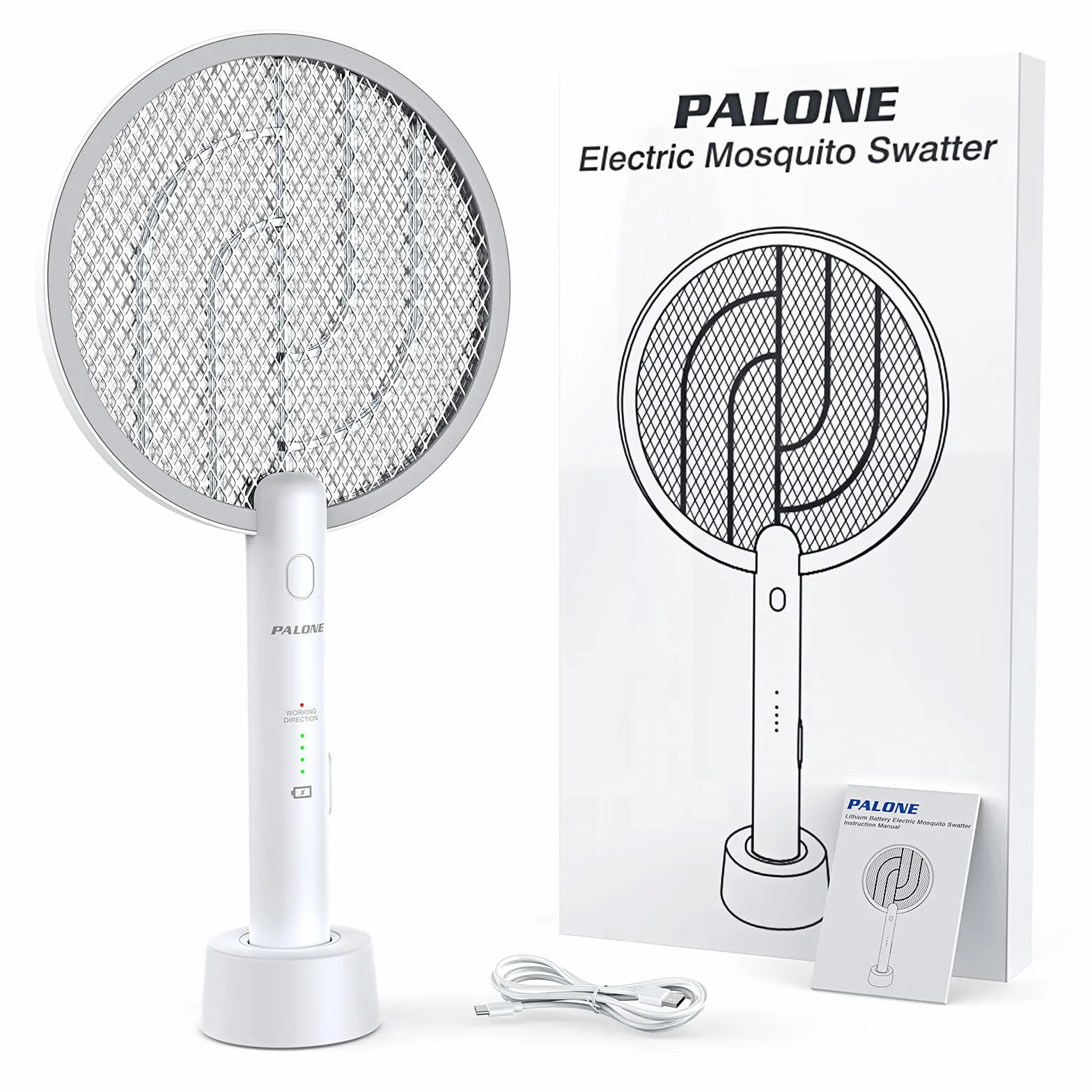 PALONE Raquette Electrique Insectes 4000V Rechargeable USB Anti Moustique Intérieur Extérieur Blanc