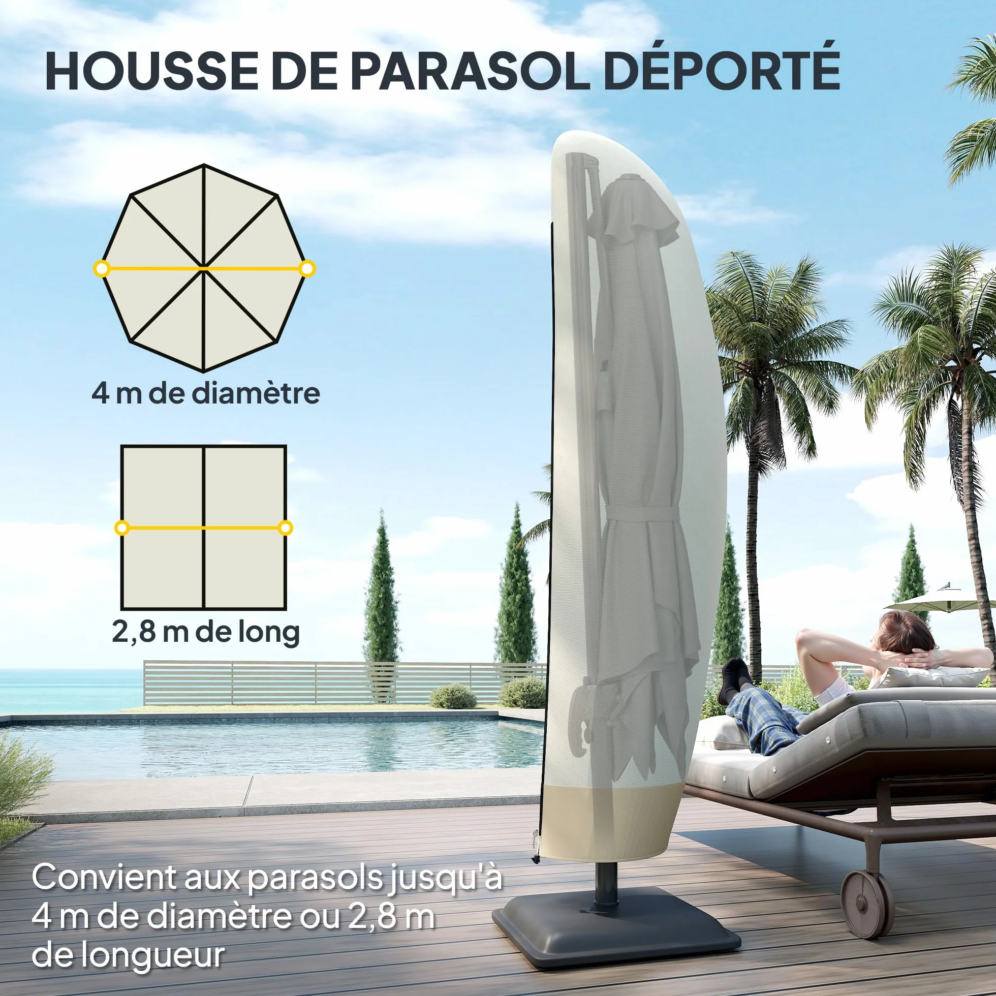 Outsunny Housse de Protection imperméable pour Parasol déporté Tissu Oxford PVC Ø 56 x 220 cm Beige et café