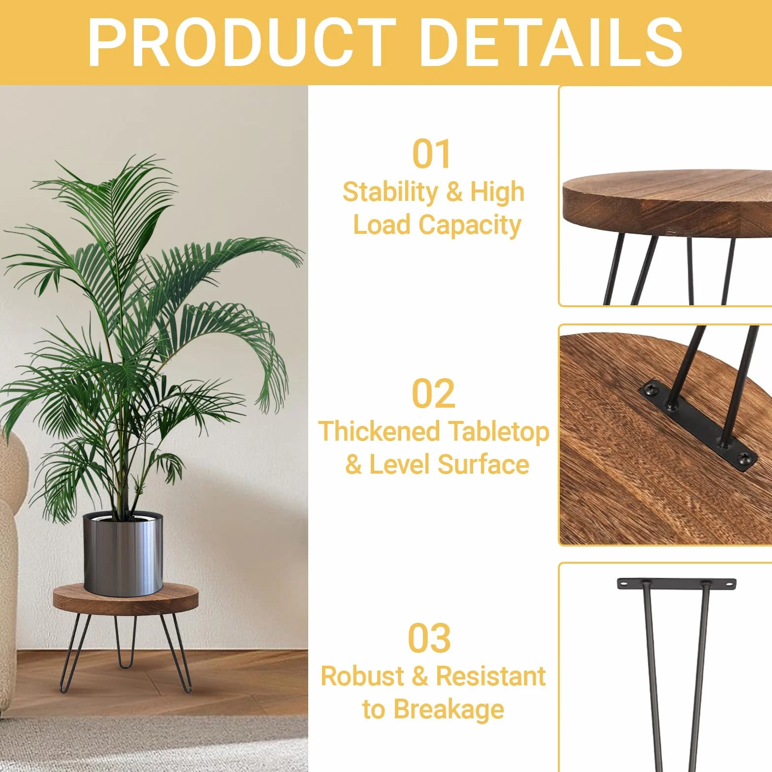 Support Plante en Bois Rond, Tabouret Plante Intérieur Extérieur, Adaptable à Différentes Tailles de Pots, Maison Jardin Patio