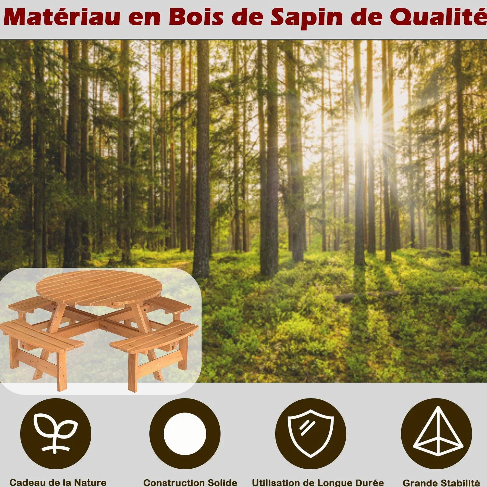 GOPLUS Table Pique-Nique Extérieur 8 Personnes, Salon de Jardin Rond avec 4 Bancs Intégrés, Trou Parasol 5 cm, Charge 100+250KG, Jaune