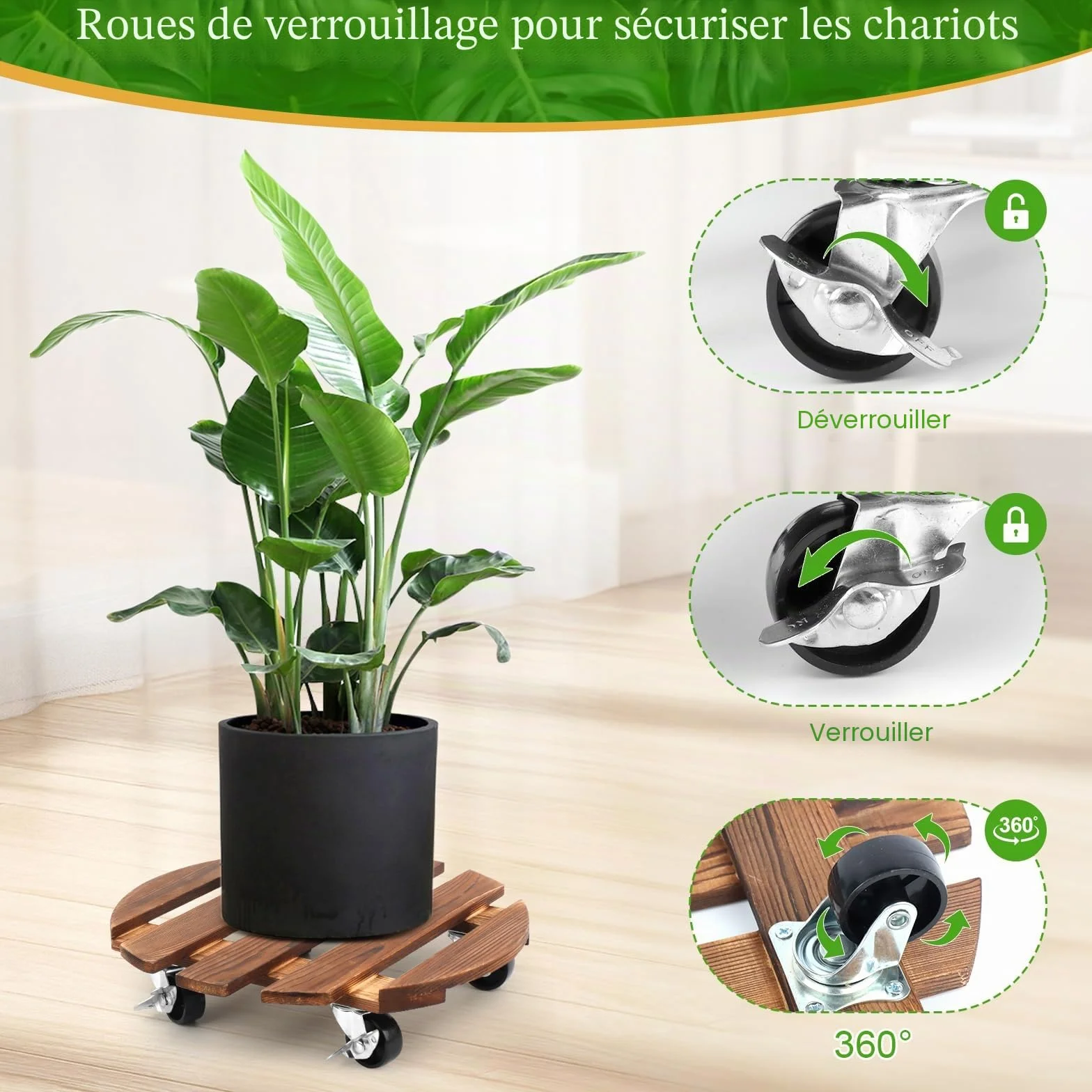 Chariot pour plantes 30 cm Rond Plateau roulant résistant aux intempéries avec roulettes