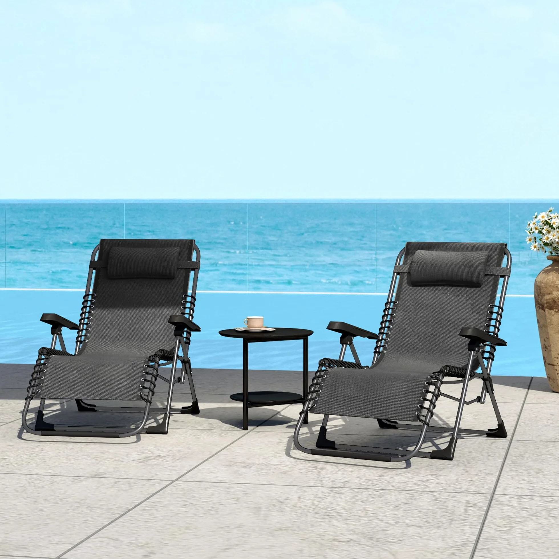 Outsunny Lot de 2 Bain de Soleil Pliante en Textilène, Chaise Longue Jardin 90 x 65 x 112 cm Noir