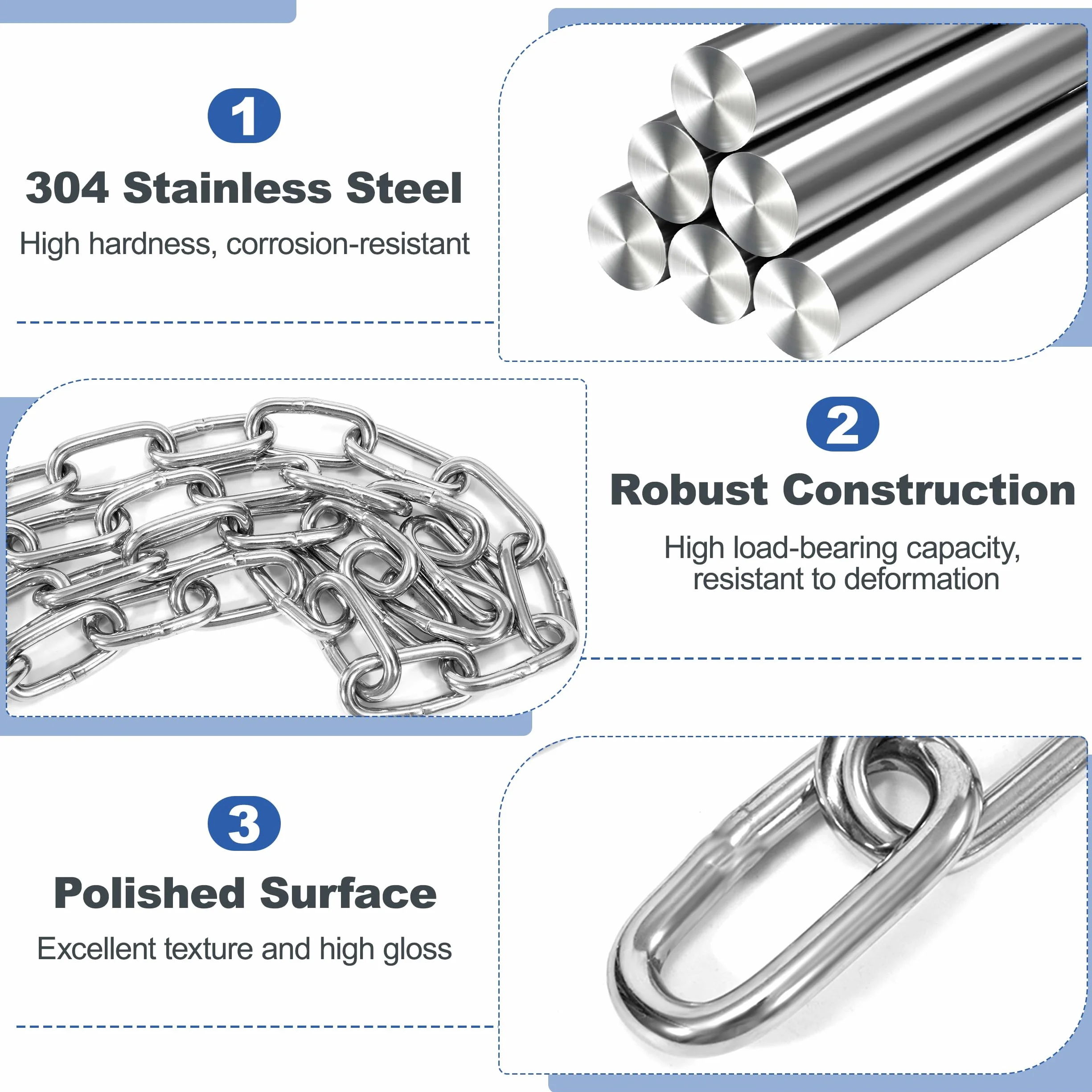 Chaine Acier Inoxydable 304, 1.5M Φ3mm Chaîne résistante à la corrosion et à la rouille, Chainette Metal avec Maillons Soudés, maillons longs pour Clôture Antivol Chaine Chien Hamac