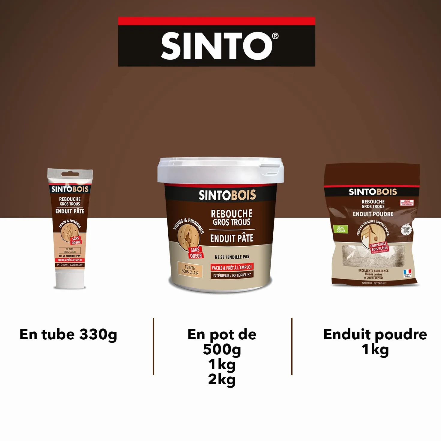 SINTO - Enduit poudre rebouche gros trous - Format 1kg - Idéal pour reboucher les trous sur du bois - excellente adhérence, solidité extrême - peut se lasurer et se peindre