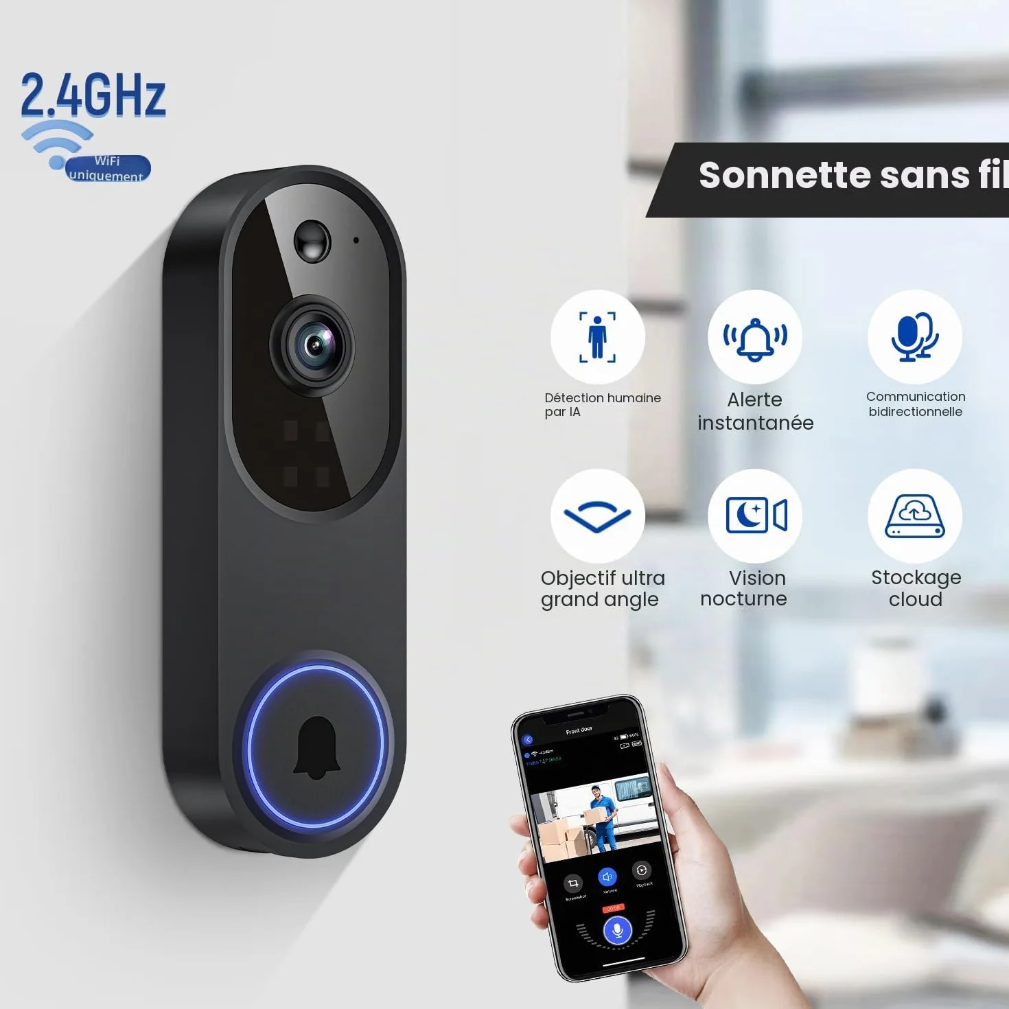Caméra Sonnette Vidéo WiFi 1080P Sans Fil, Détection Humaine IA, Conversation Bidirectionnelle, Wi-Fi 2,4G, Alimentée par Batterie, Stockage Cloud, Surveillance Intérieure Extérieure (Avec
