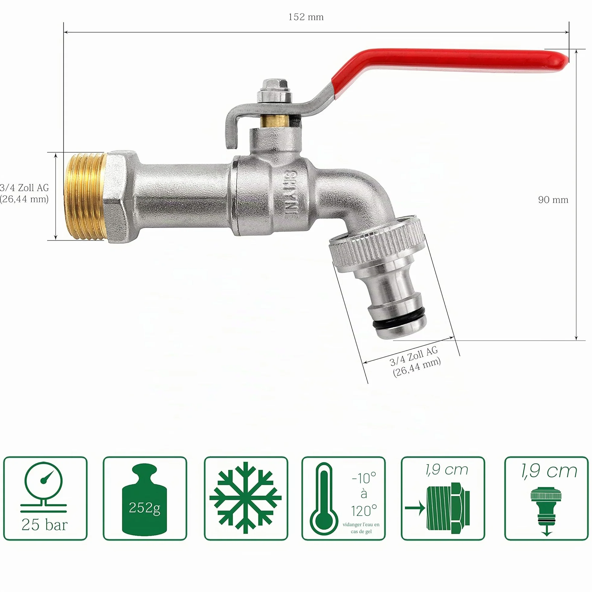 Robinet d'eau en Laiton 3/4'' Pouce (20/27) Résistant à la Rouille et au Gel pour Jardin
