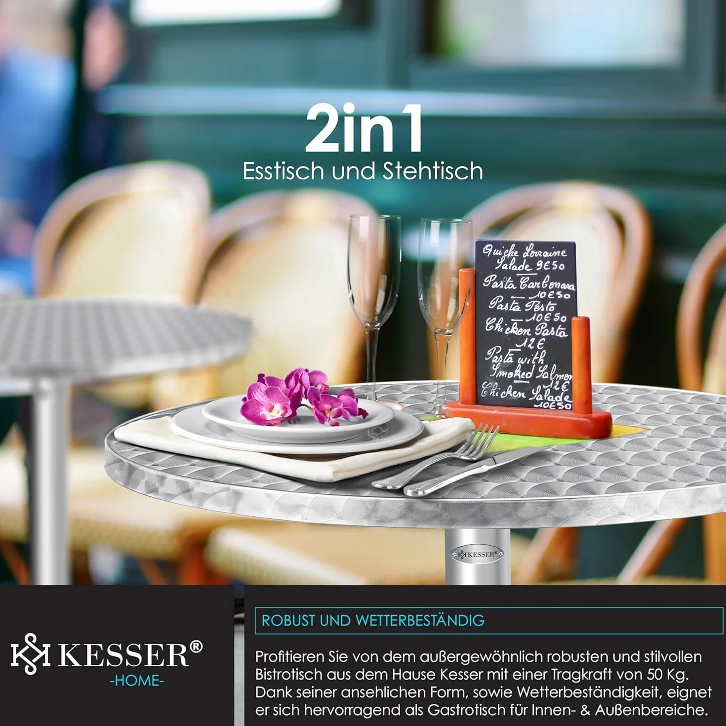 KESSER Table de bistrot 2 en 1 aluminium acier inoxydable hauteur réglable 70/115 cm ronde intérieur extérieur housse incluse argenté