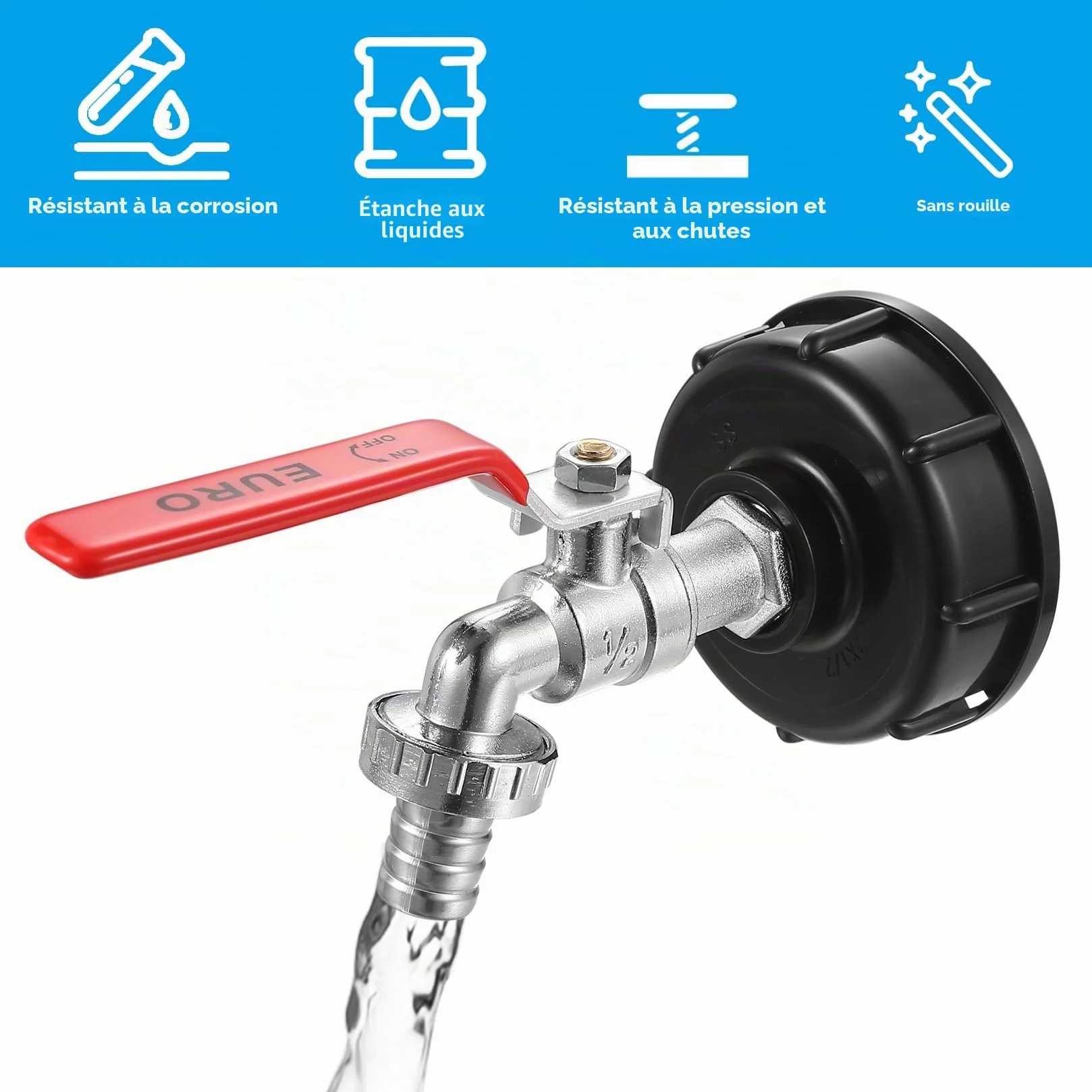 Robinet de Vidange IBC 1000L avec Adaptateur S60x6 1/2 Pouce, Robinet Antidérapant et Étanche