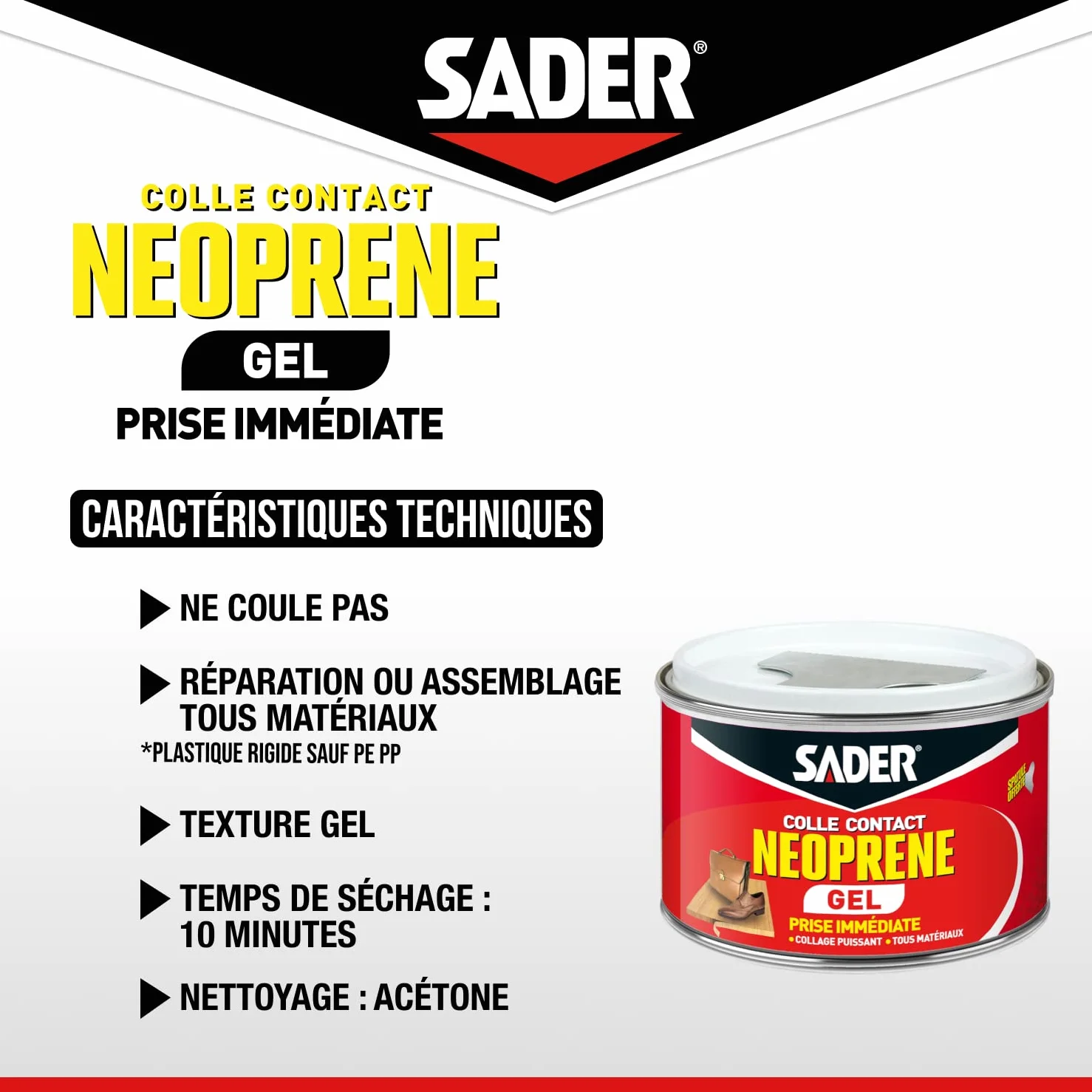 Sader Colle Contact Néoprène Gel – Colle Extra Forte Tous Matériaux – Prise Immédiate – Idéale pour Supports Poreux ou Verticaux – Spatule Incluse – Boîte de 250 ml