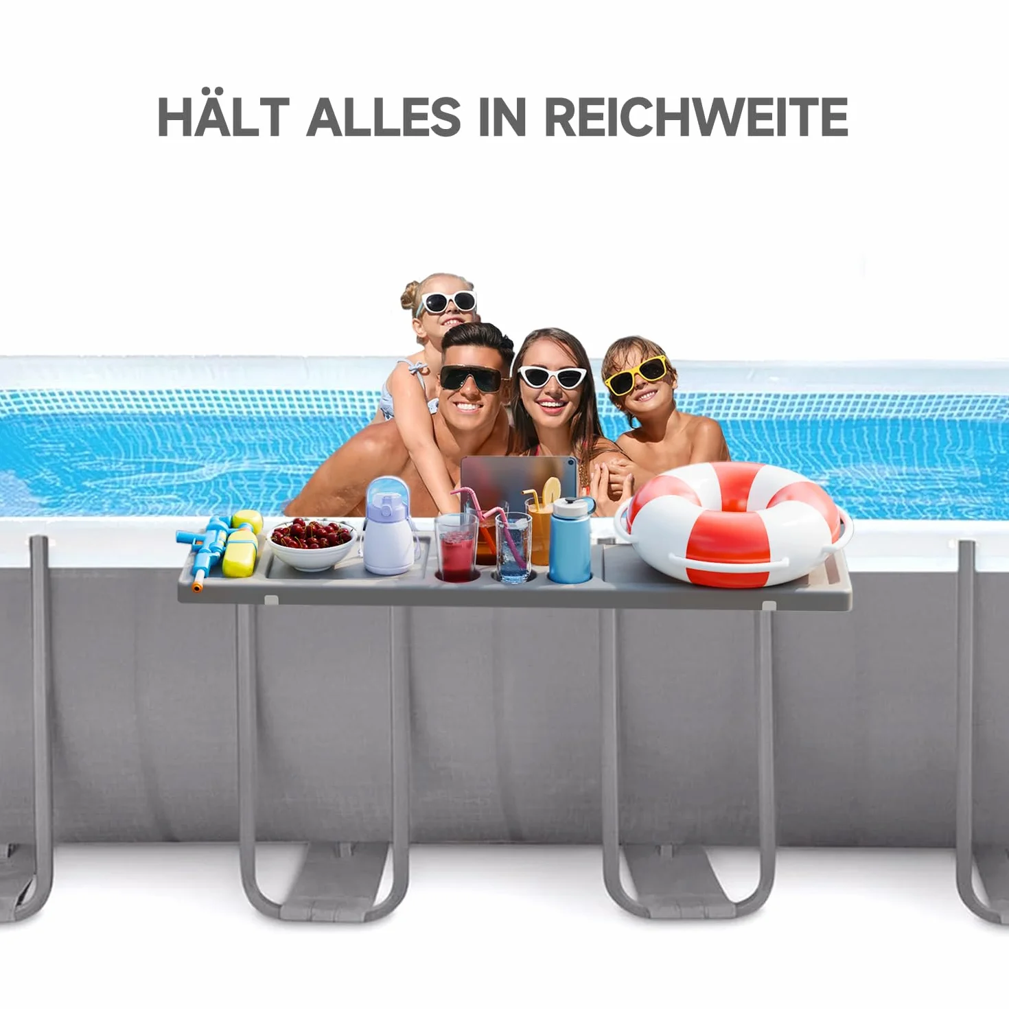 ECO POOLTECH Table de Bar de Piscine Pliable 2 en 1 avec 5 Porte-gobelets pour Piscine Hors Sol
