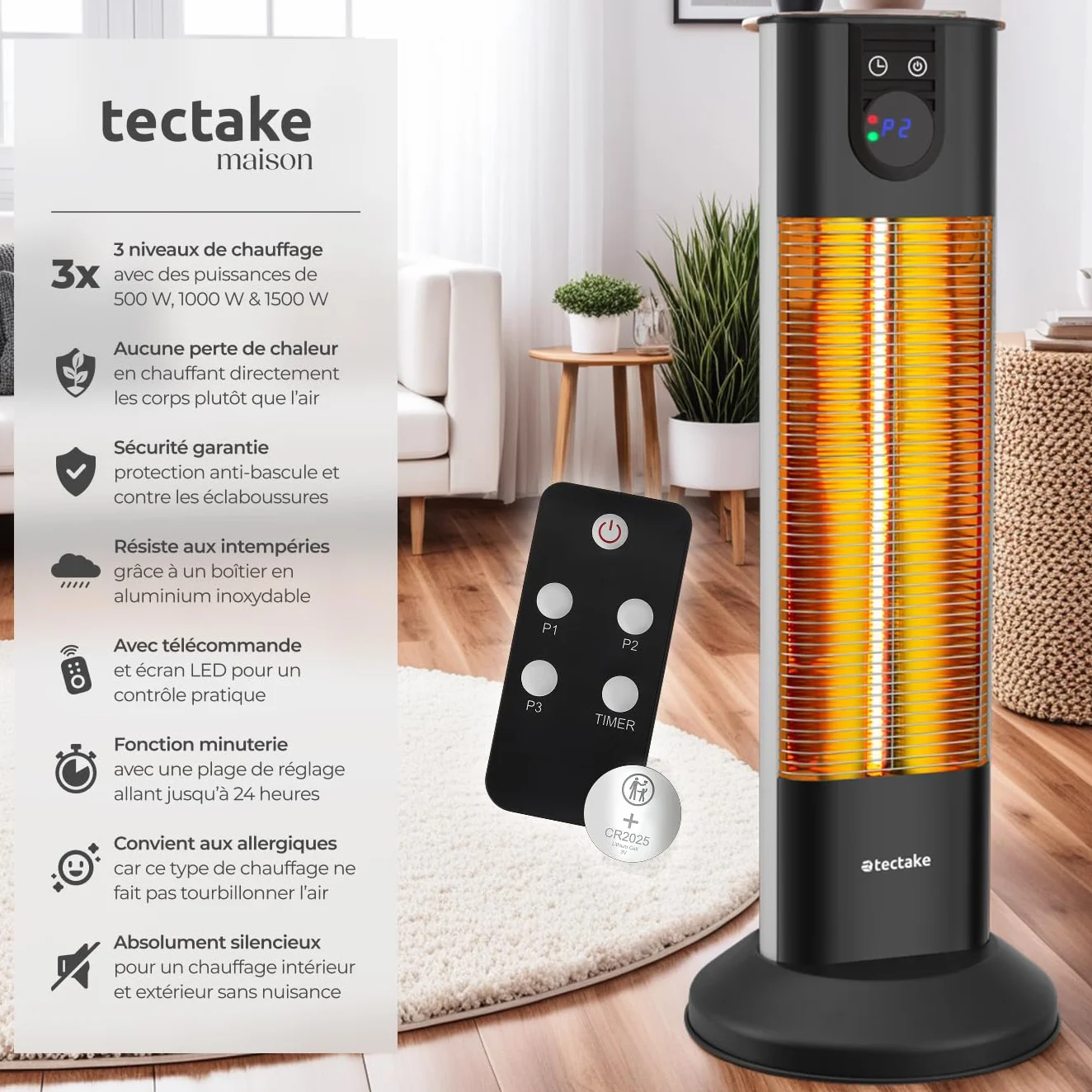 Tectake Chauffage Électrique Infrarouge Silencieux 500W 1000W 1500W Chauffage Extérieur Terrasse
