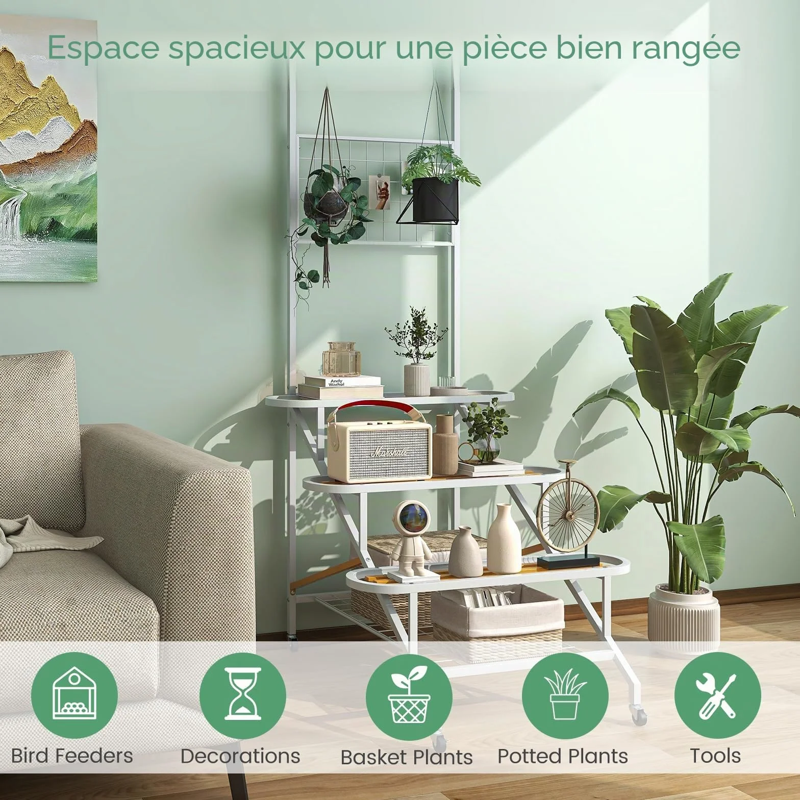 HOMASIS Support de plantes 4 niveaux avec treillis métal sur roulettes blanc naturel