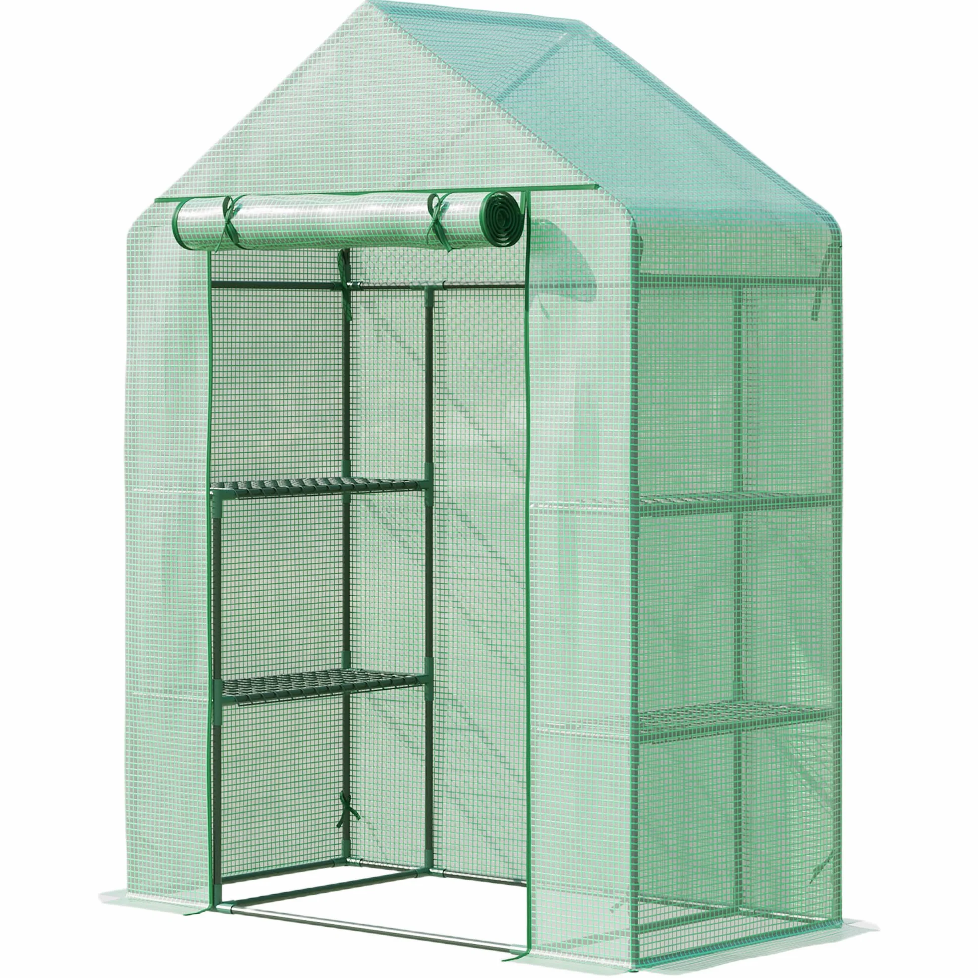 Outsunny Serre de Jardin avec Étagères 3 Niveaux, Bâche PE 140 g/㎡, Châssis Acier, 141x72x191 cm, Vert