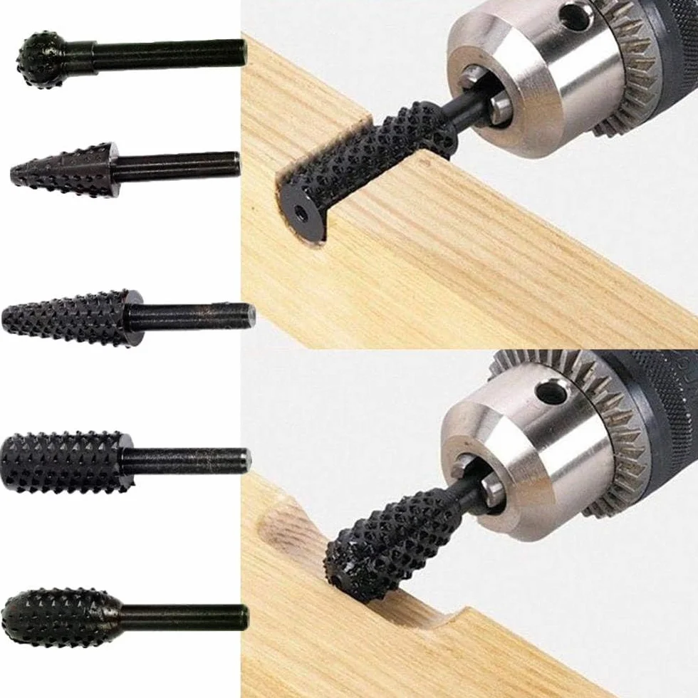 5Pcs Ensemble de Râpes Rotatives pour Fraises,Outil de Sculpture sur Fraise Metal Bois,Gouges Sculpture Bois,Cylindrique de Gravure Rotatif Burres Pour Travail du Bois,Métal Polissage,Gravure.