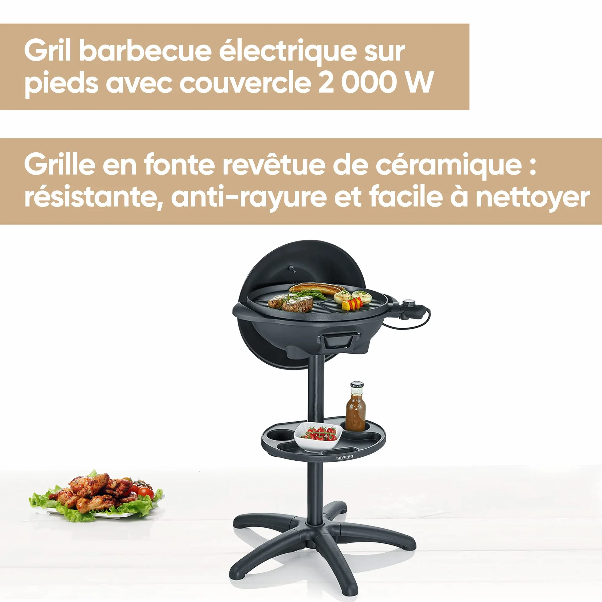 SEVERIN Barbecue électrique 2000 W grille fonte aluminium sur pieds couvercle thermomètre eBBQ noir PG 8541