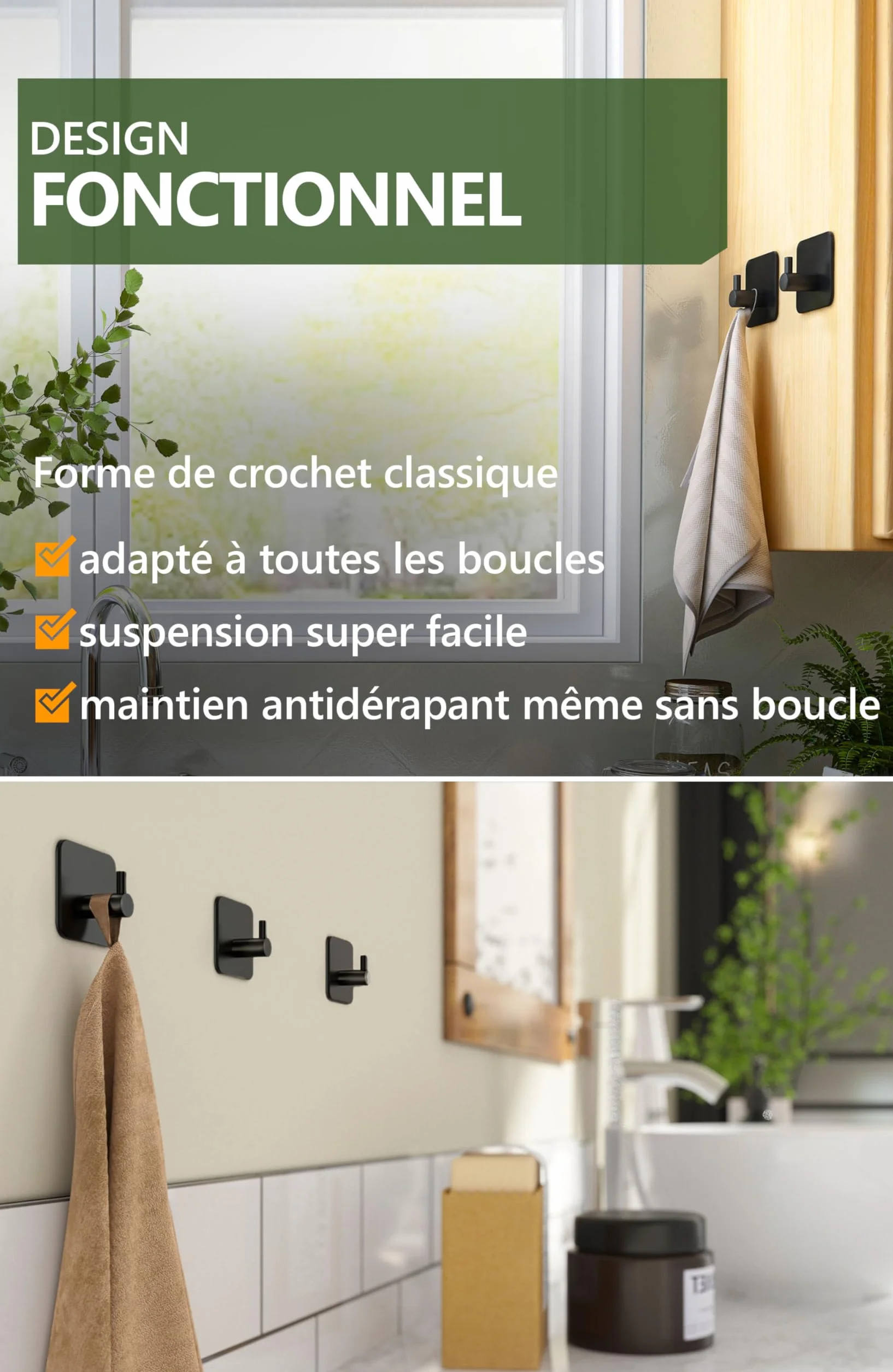 4smile Crochet Adhesif Mural - 6 Pièces, Porte Serviette Salle de Bain, Accroche Torchon Cuisine, Portemanteau Autocollant Acier Inox, Noir