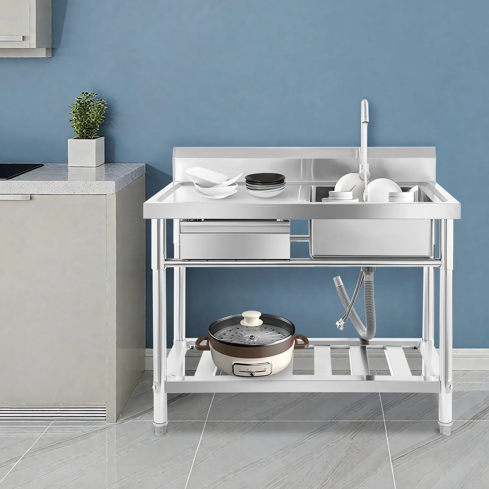 Évier indépendant acier inoxydable extérieur 100x60x80 cm robinet pivotant 360°