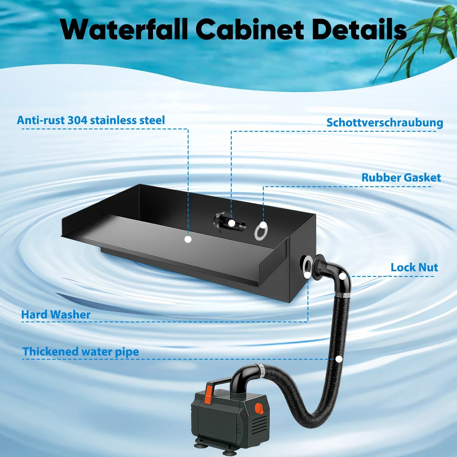 Cascade Bassin Extérieur Acier Inoxydable 20 cm Pompe 40 W 2000 l/h pour Étang Jardin Koï