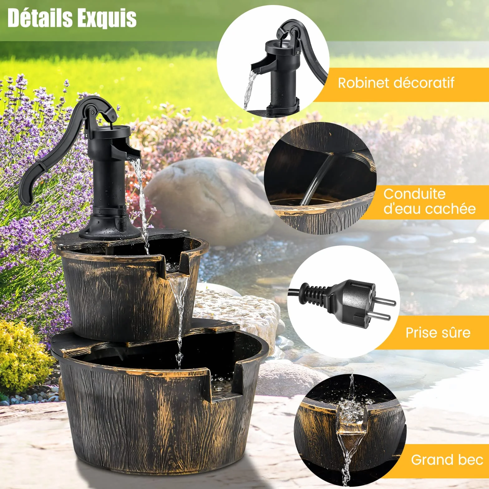 COSTWAY Fontaine Cascade Extérieure 2 Étages Pompe Réglable 68 cm PP Bronze Jardin