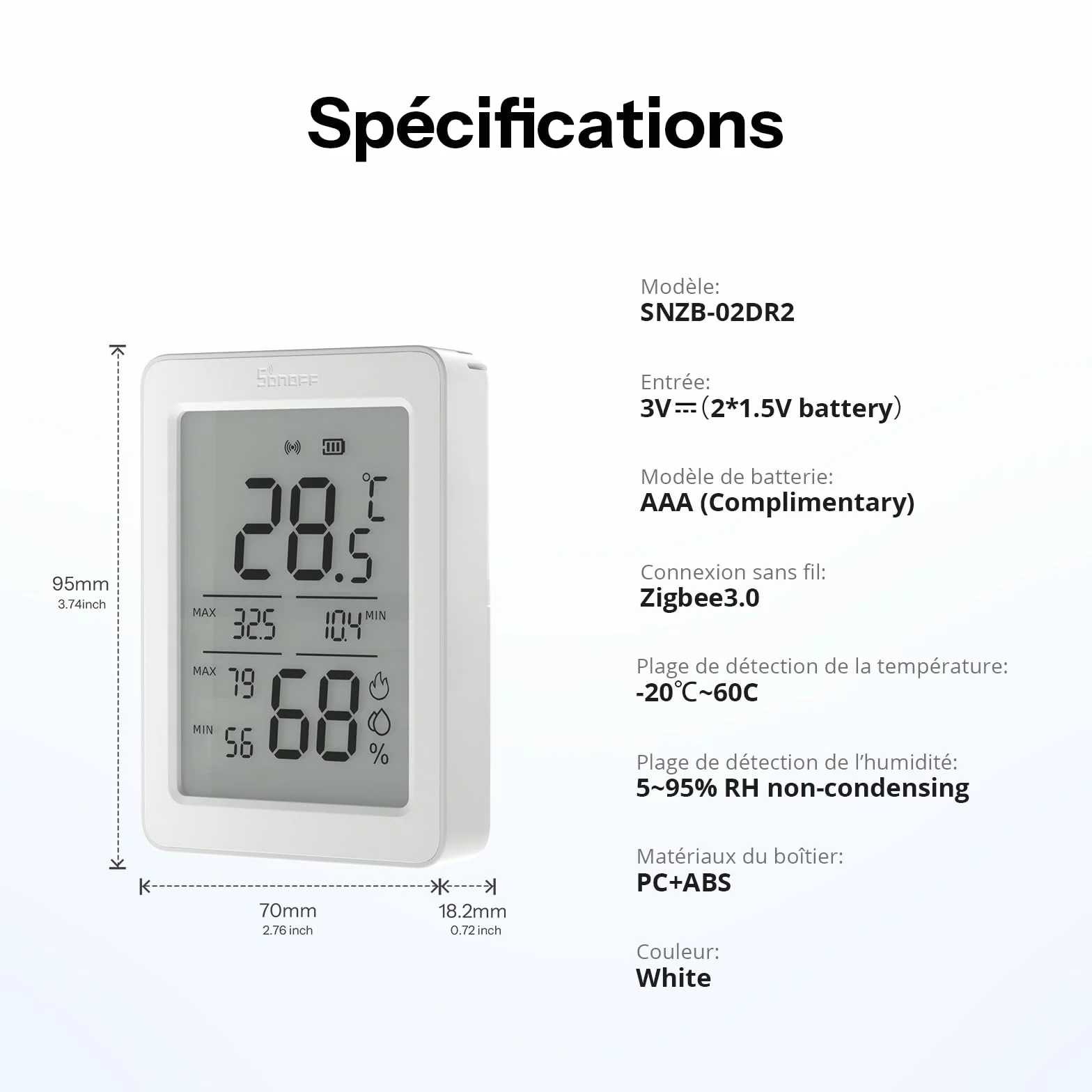 SONOFF AirGuard SNZB-02DR2 Capteur Zigbee Température Humidité Écran LCD 3.6 Pouces Thermomètre Hygromètre Lot de 2