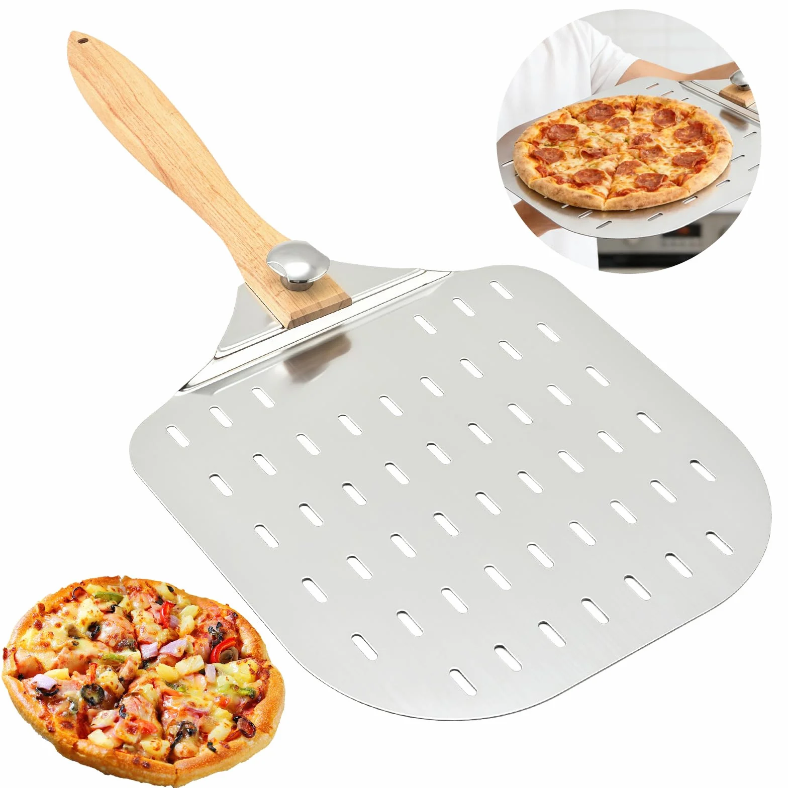 Pelle à pizza perforée 12 pouces aluminium anodisé poignée anti-brûlure amovible 31 cm