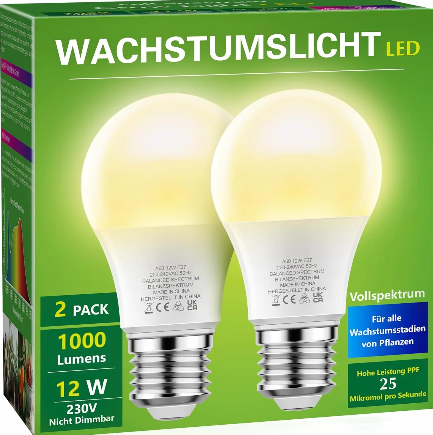 Briignite Lampe Horticole LED Spectre Complet E27 12W 100W Équivalente Angle 180°