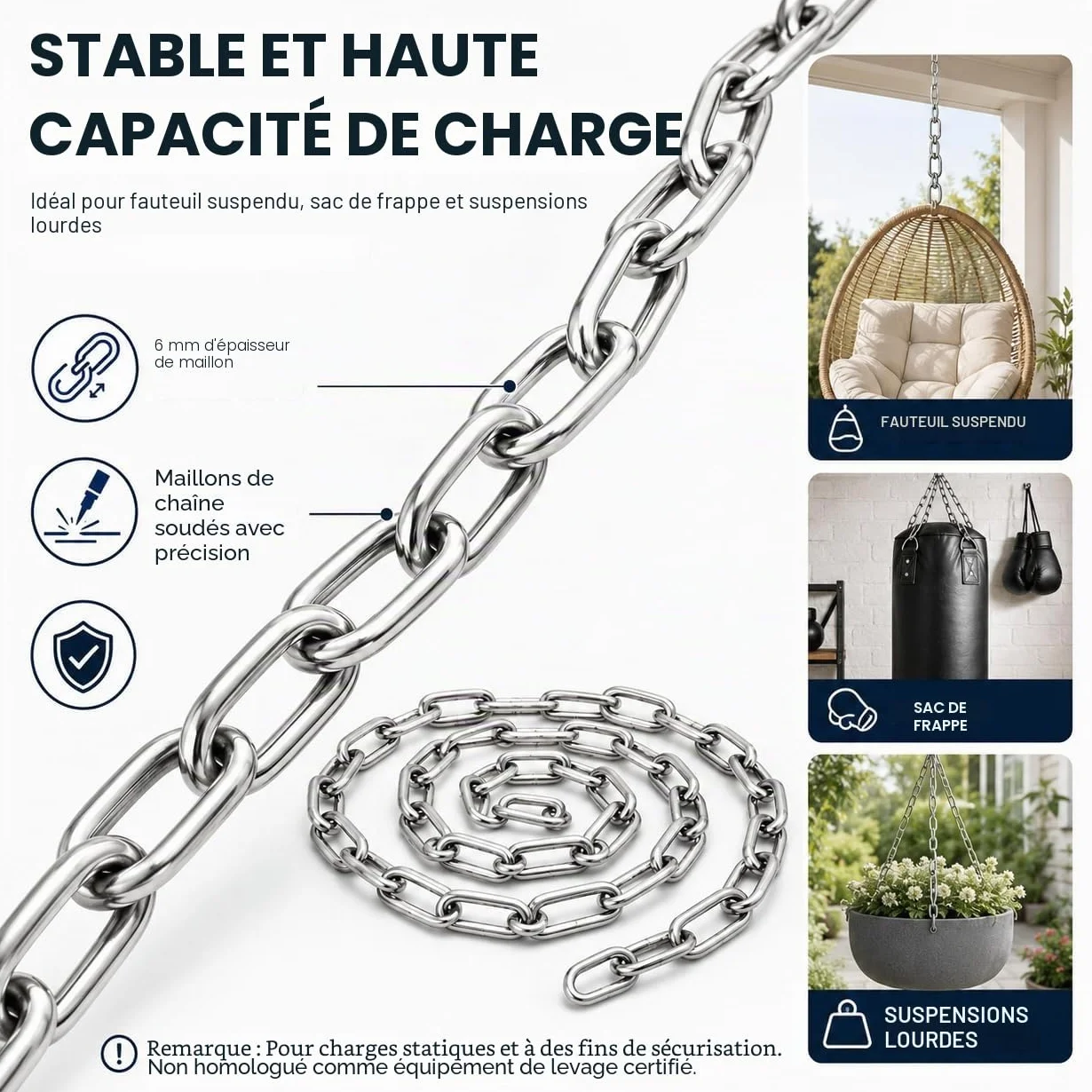 CYEER Chaîne en Acier Inoxydable 6mm x 2m, Chaîne Métallique Robuste en Inox 304 pour Fauteuil Suspendu, Sac de Frappe, Balançoire et Jardin, Maillons Soudés Résistants aux Intempéries