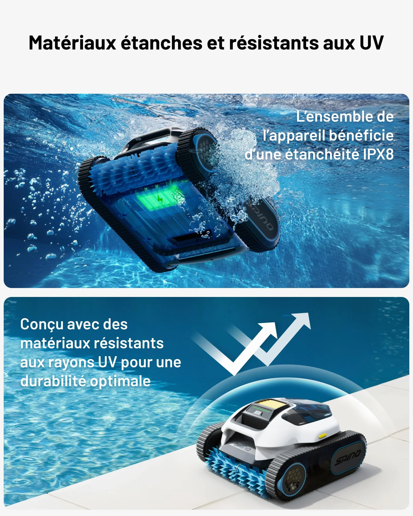 SPINO E1 Robot Piscine Fond et Parois, 210 Min Autonomie, 21950 LPH Aspiration, 5 Modes, SmartArc, App, Idéal 150㎡
