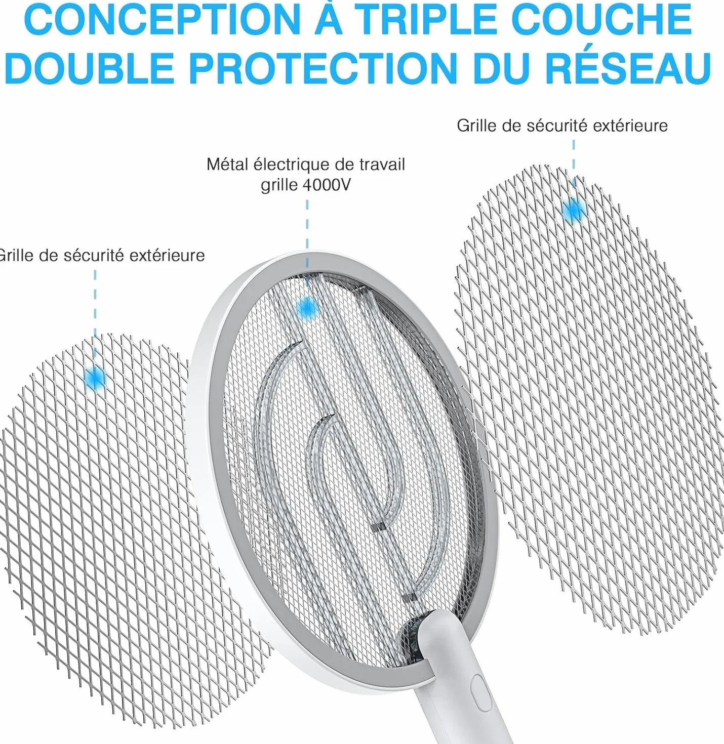 PALONE Raquette Electrique Insectes 4000V Rechargeable USB Anti Moustique Intérieur Extérieur Blanc
