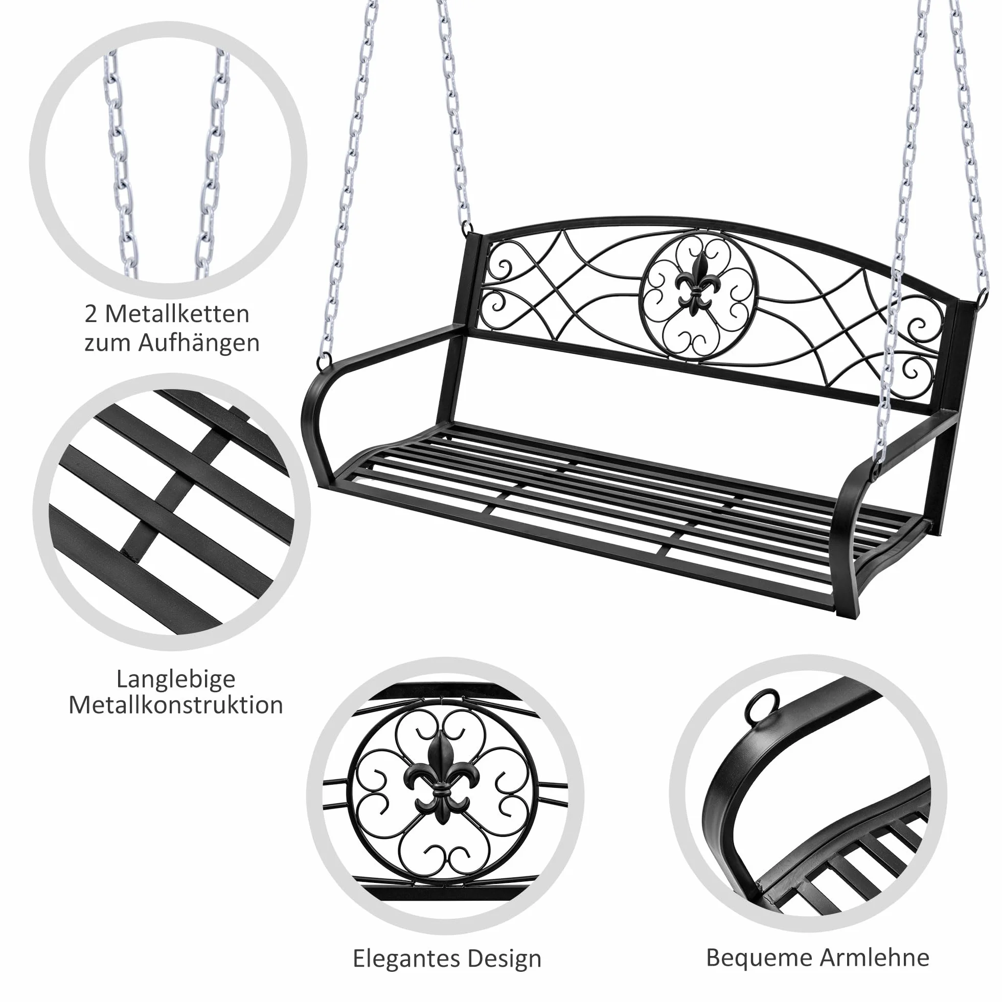 Outsunny Banc Suspendu 2 Places Chaînette Métal Noir 132x63x58 cm