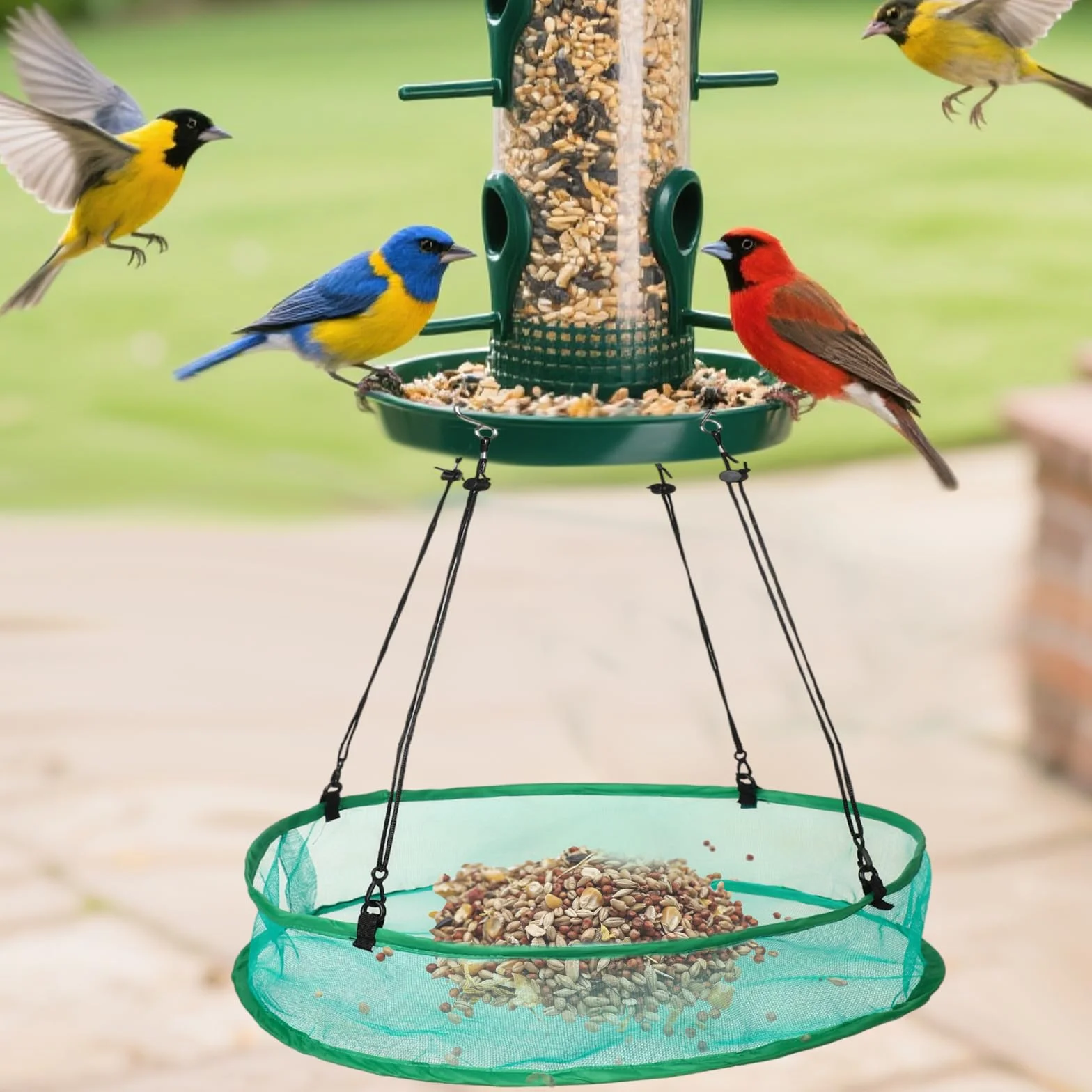 Lyreh Plateau Récupérateur de Graines pour Oiseaux 50cm, 8 Cordes Suspension 4 Sacs Rangement, Vert