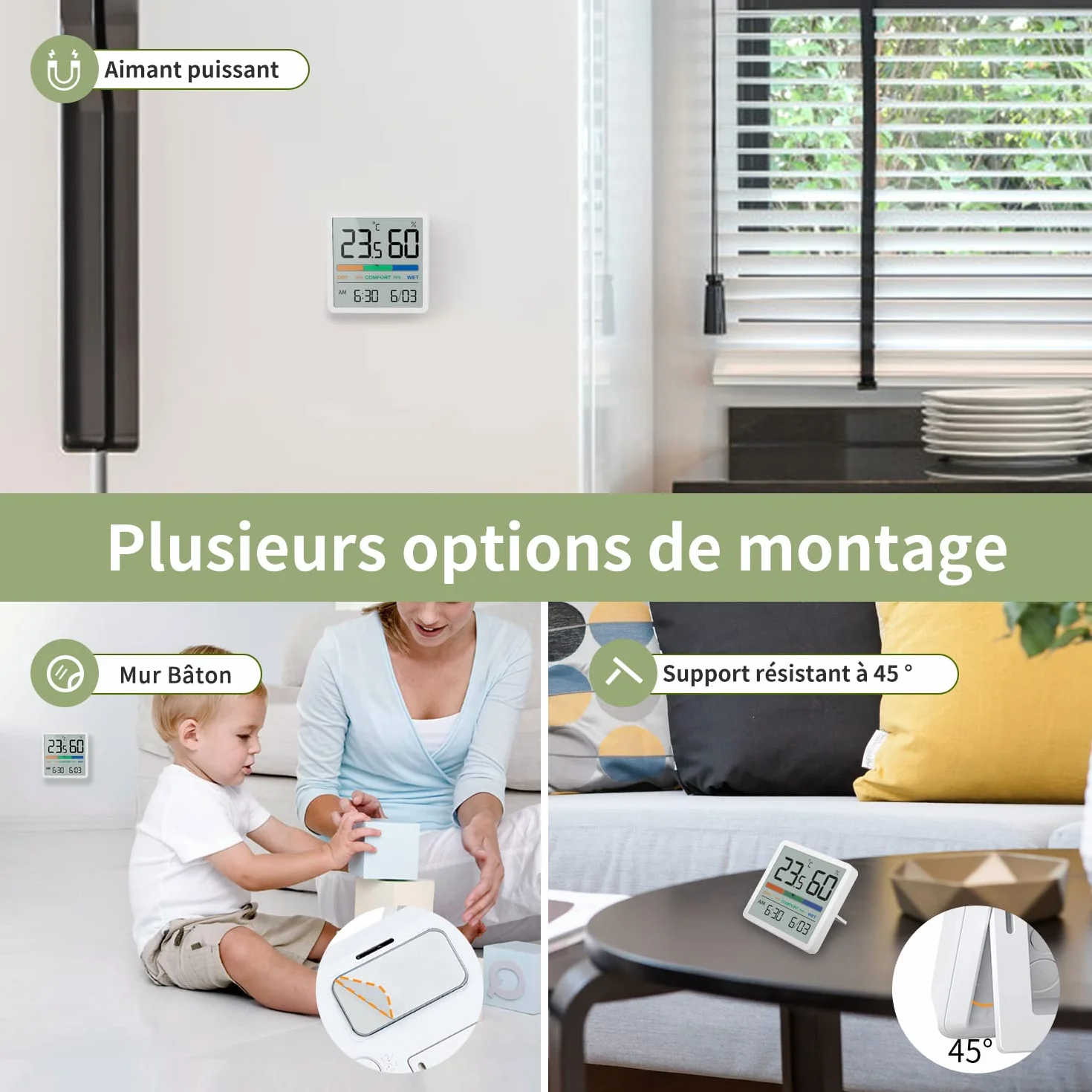 NOKLEAD Hygromètre Thermomètre d'intérieur numérique avec moniteur température humidité précise Blanc 7cm