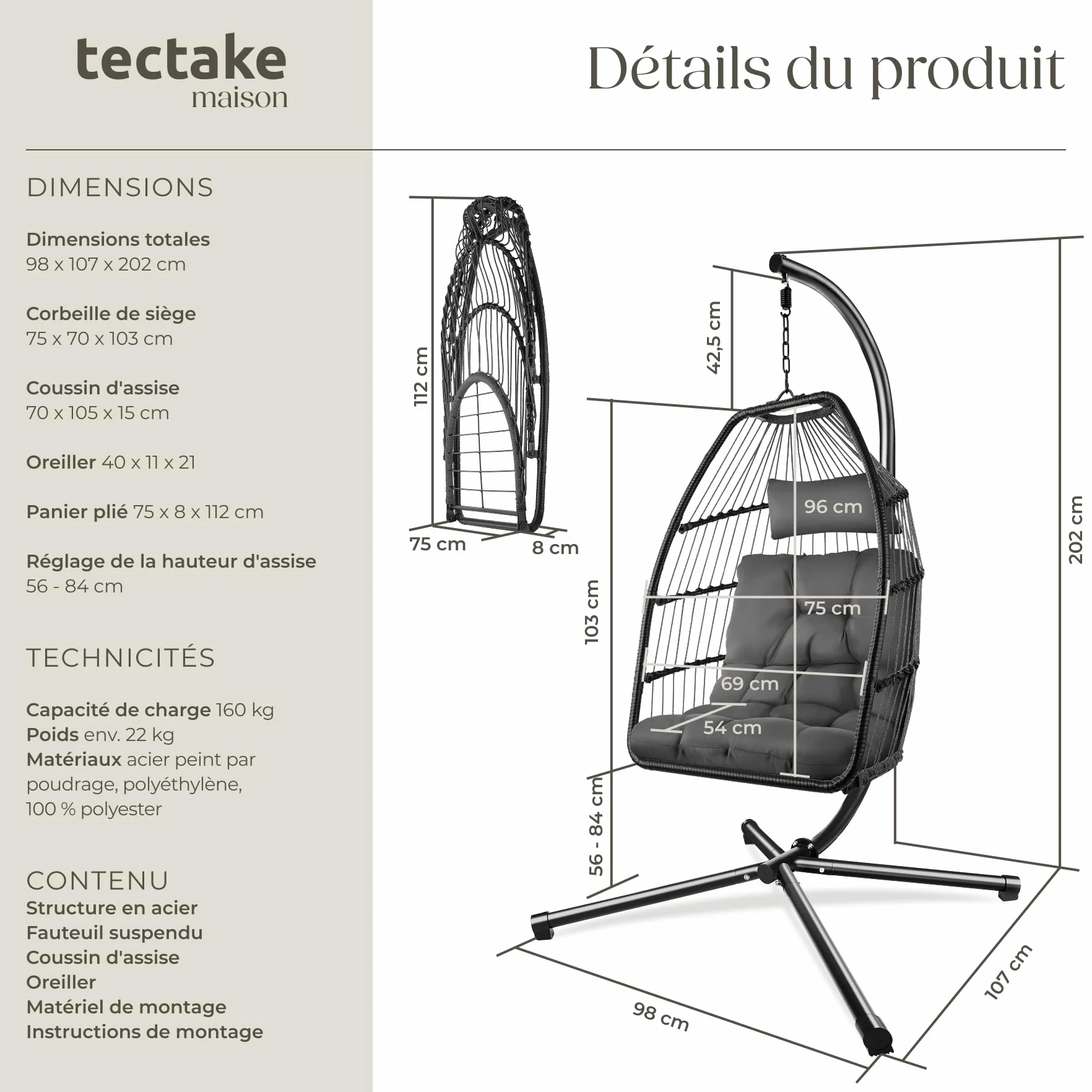 Tectake Fauteuil Oeuf Suspendu Chaise Hamac Balancoire Cocooning avec Structure en Acier et Coussin Épais