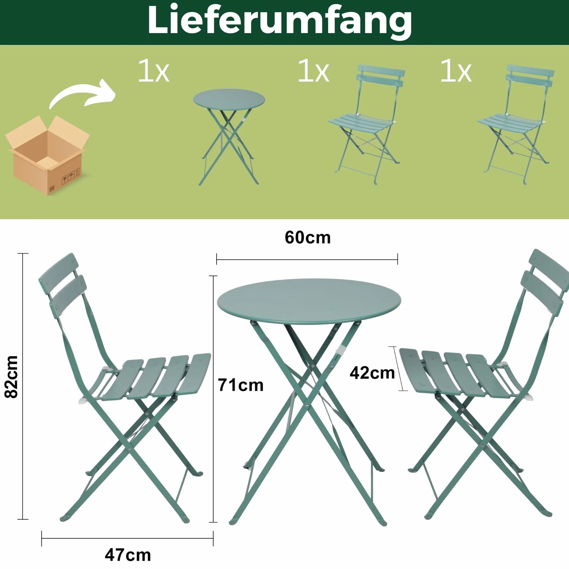 Albatros Ensemble de bistrot 3 pièces vert – Table et chaises pliables en métal robuste pour balcon ou jardin
