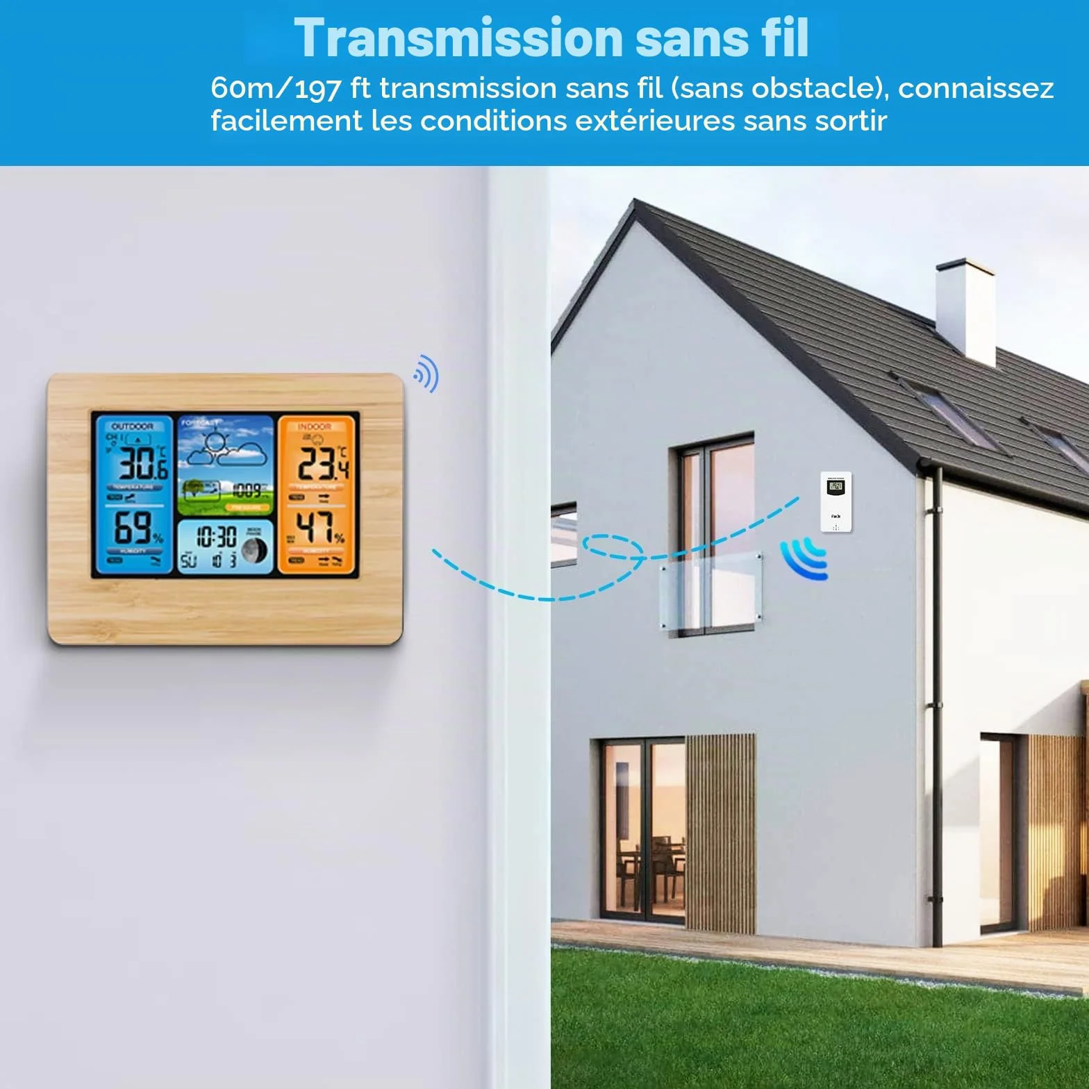 Station météo sans fil numérique avec thermomètre, humidité, baromètre, alarme et horloge à phase lunaire - Capteur extérieur