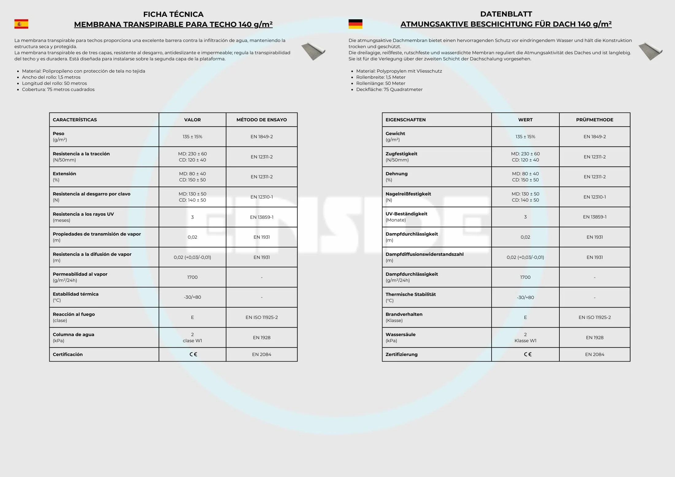 EINSIDE Toile Respirante pour Toit, Membrane imperméable 140 g/m²
