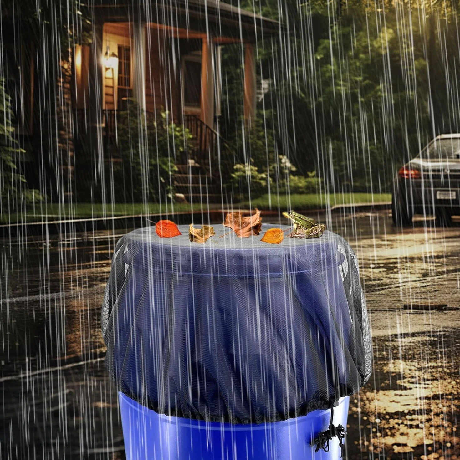 Housse pour Tonneau de Pluie Filet de Protection Réglable 4 Pièces Anti-Feuilles Insectes Toutes Saisons