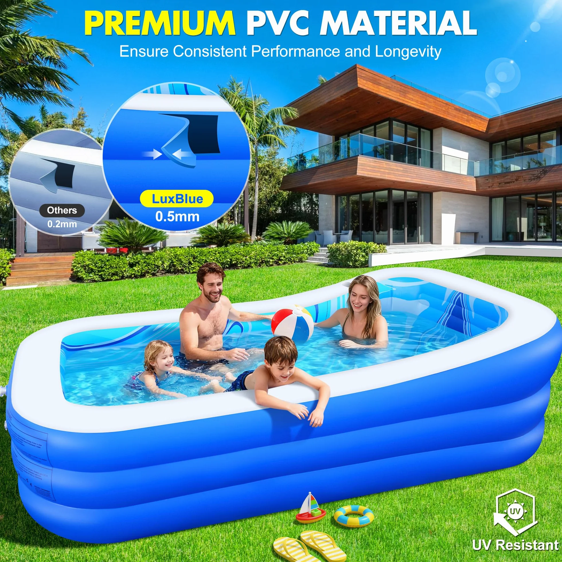 LuxBlue Piscine Gonflable Adulte 250x160x63cm Familiale avec Siège et Dossier 0.5mm Épaissi